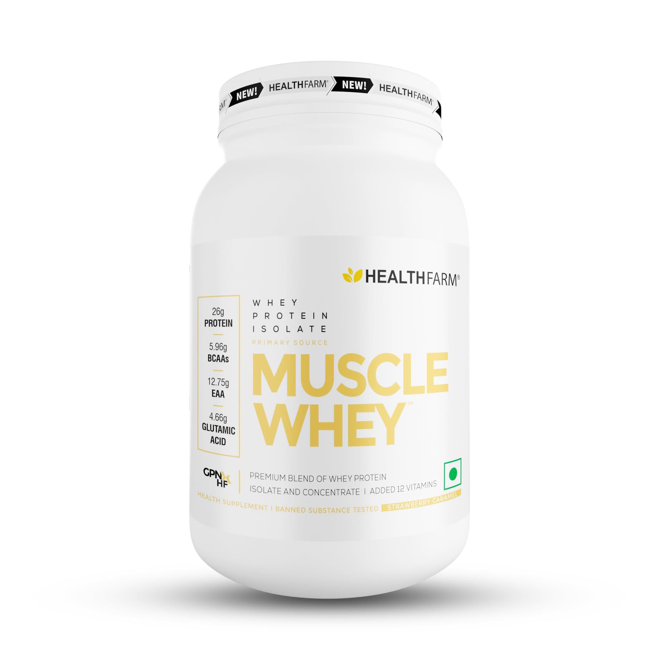 HEALTHFARM HEALTHFARM Muscle Whey Protein, Lab Tested For Purity| Zero Banned Substance (Strawberry Caramel, 1Kg)