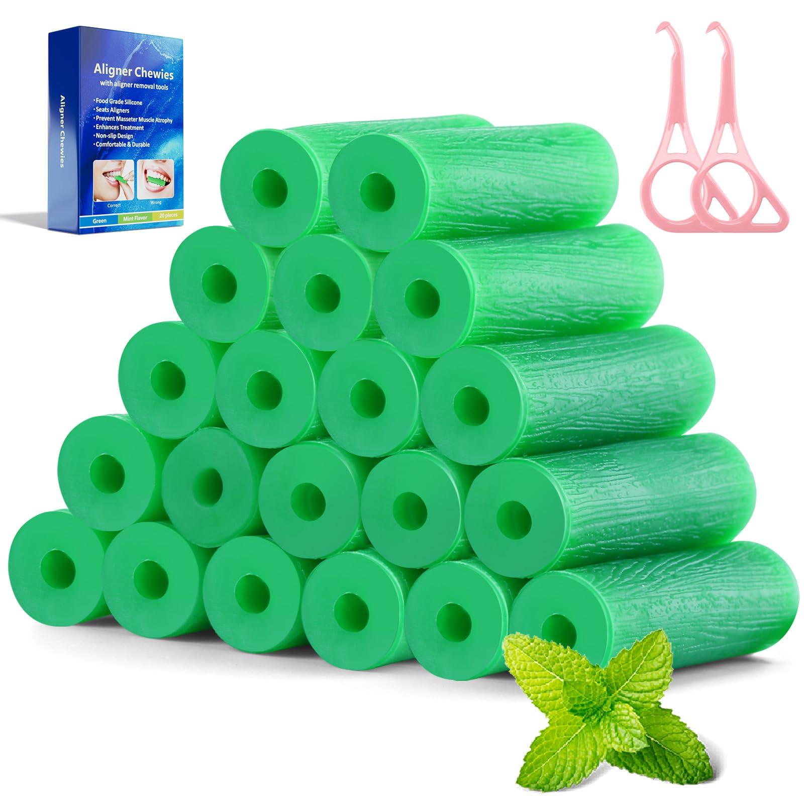 melonsun Aligner Chewies for Invisalign Aligners Mint Scented (20 Pcs Green) and Aligner Removal Tool (2 Pcs Pink)