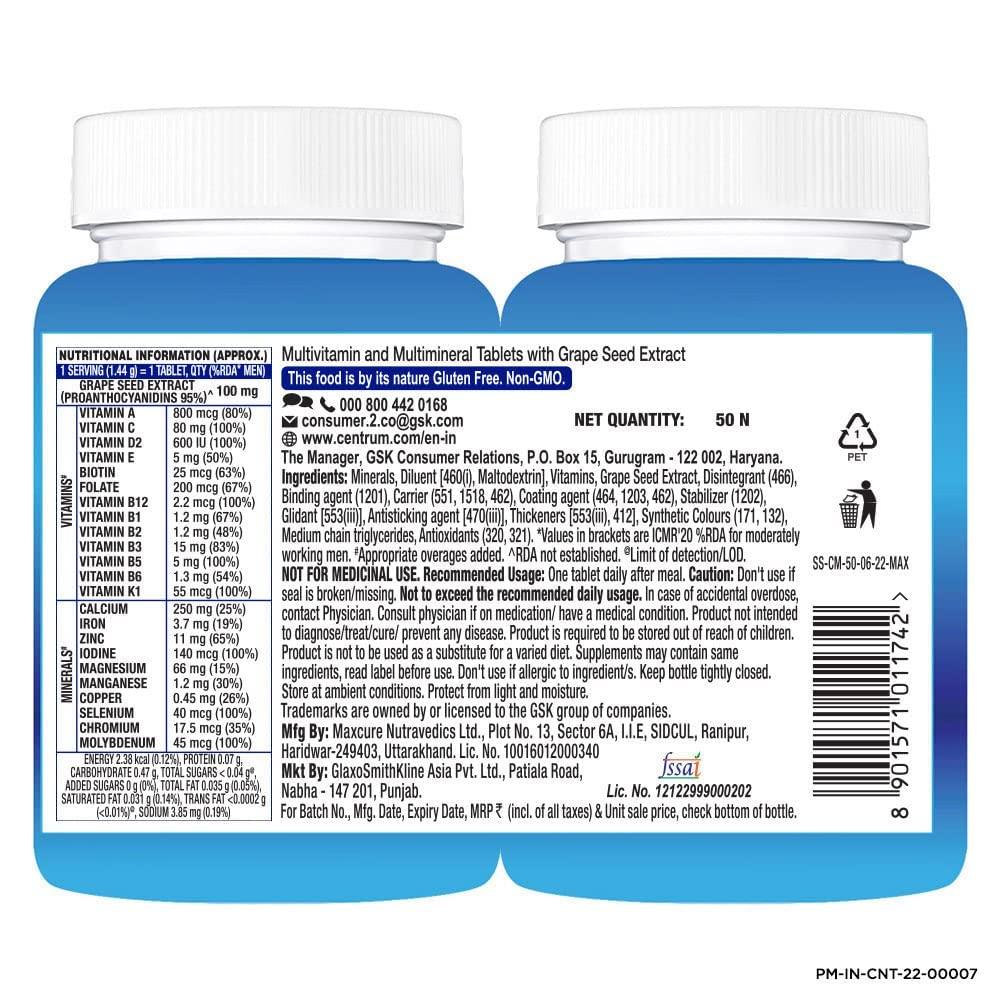Centrum Centrum Kids Immune Fuel - 30 Gummies | Betaglucan (100% Veg) & Men, Multivitamin with Grape seed extract (Veg) 50s