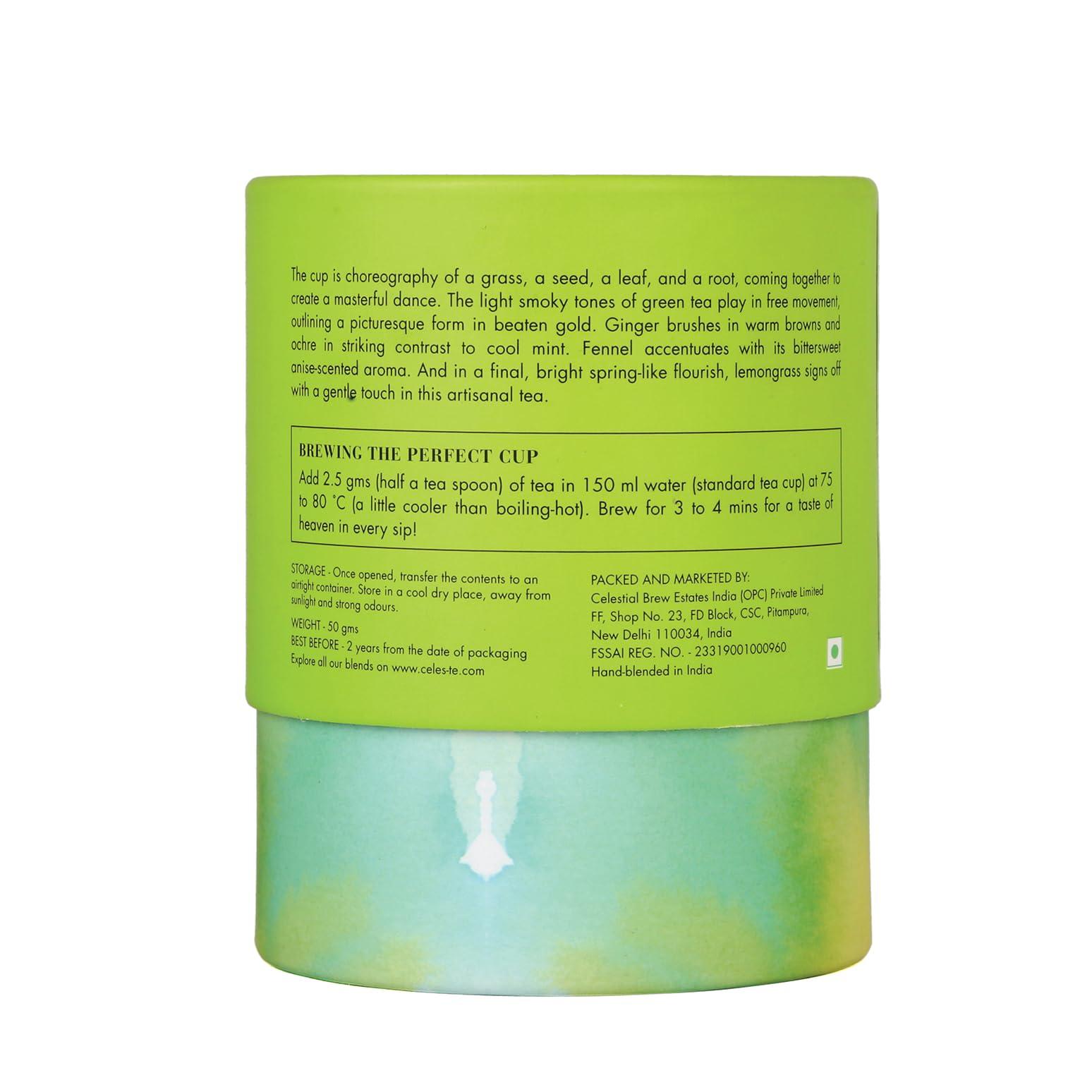 Celeste Celeste Green Tea SOULFUL TANGO Premium Whole Leaf, 100% Natural Ingredients Spearmint, Ginger, Lemongrass, Fennel and Green Tea, 50gm - 20 Cups