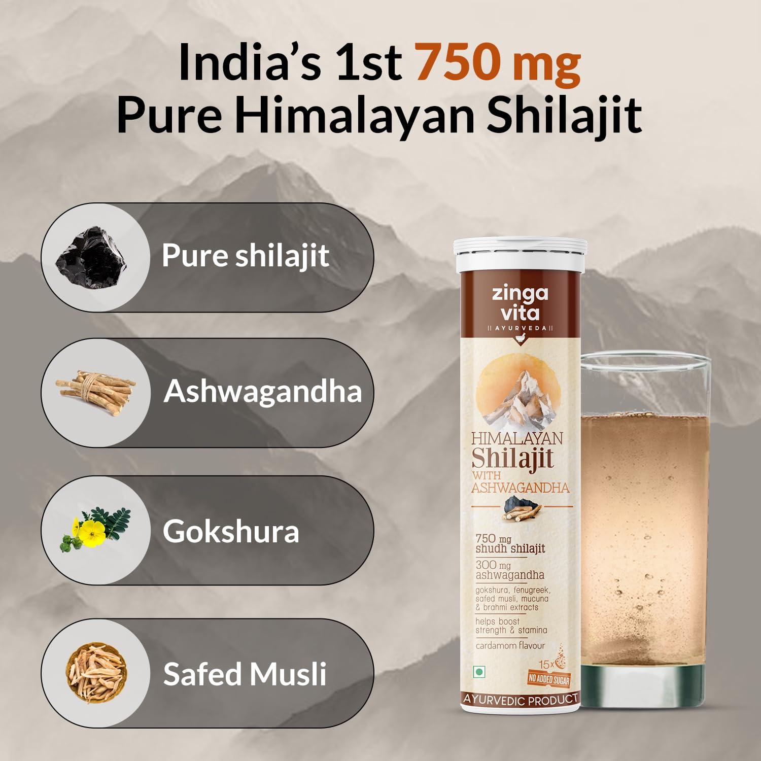 Zingavita Zingavita Himalayan Shilajit Original (750mg) Effervescent Tablets, With Ashwagandha, Gokshura & Safed Musli for Strength, Performance & Muscle recovery, Cardamom Flavour | Ayush Approved | Pack of 1