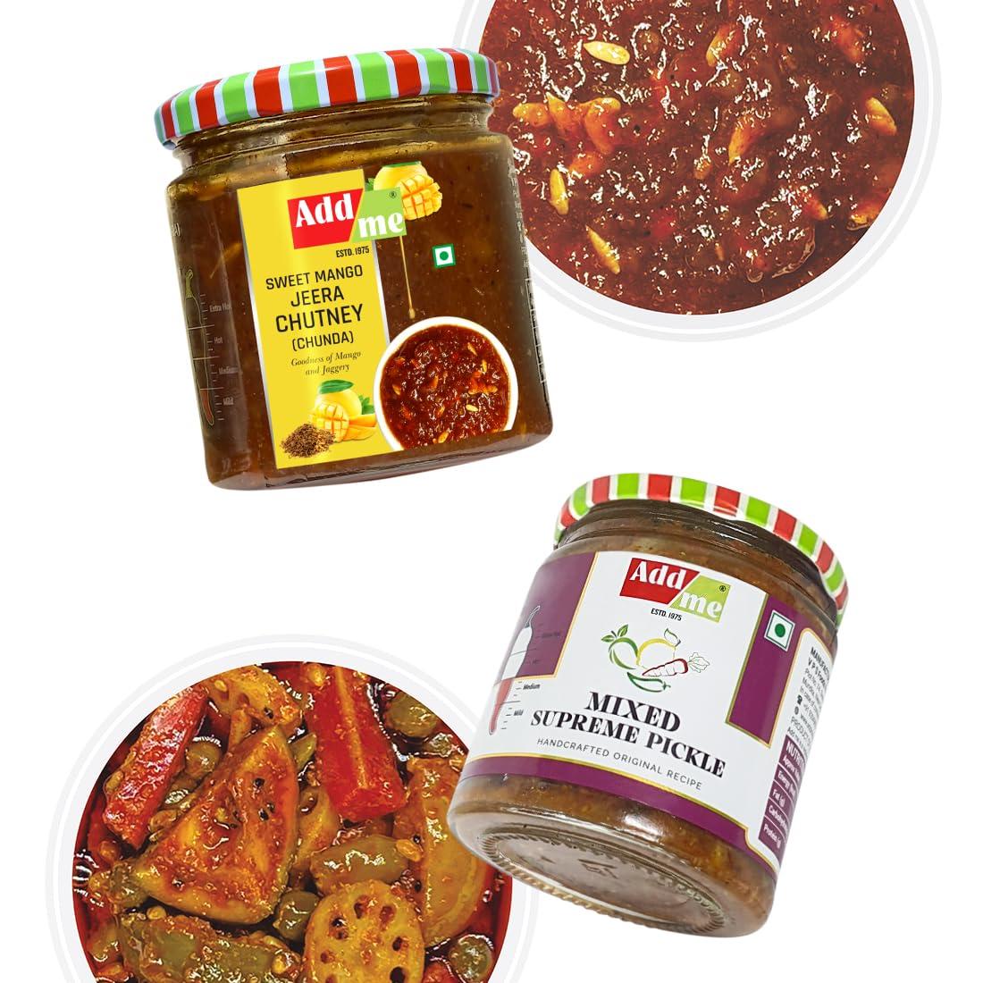 Add me Add me Combo Pickle Pack 6 In 1 Dry Mango Achar 150Gm + Mixed Pickles 200Gm + Amla Murabba 200Gm + Sweet Lemon Pickle 200Gm + Lal Mirchi Ka Achar 200Gm + Sweet Mango Jeera Chutney 200Gm Glass Jar