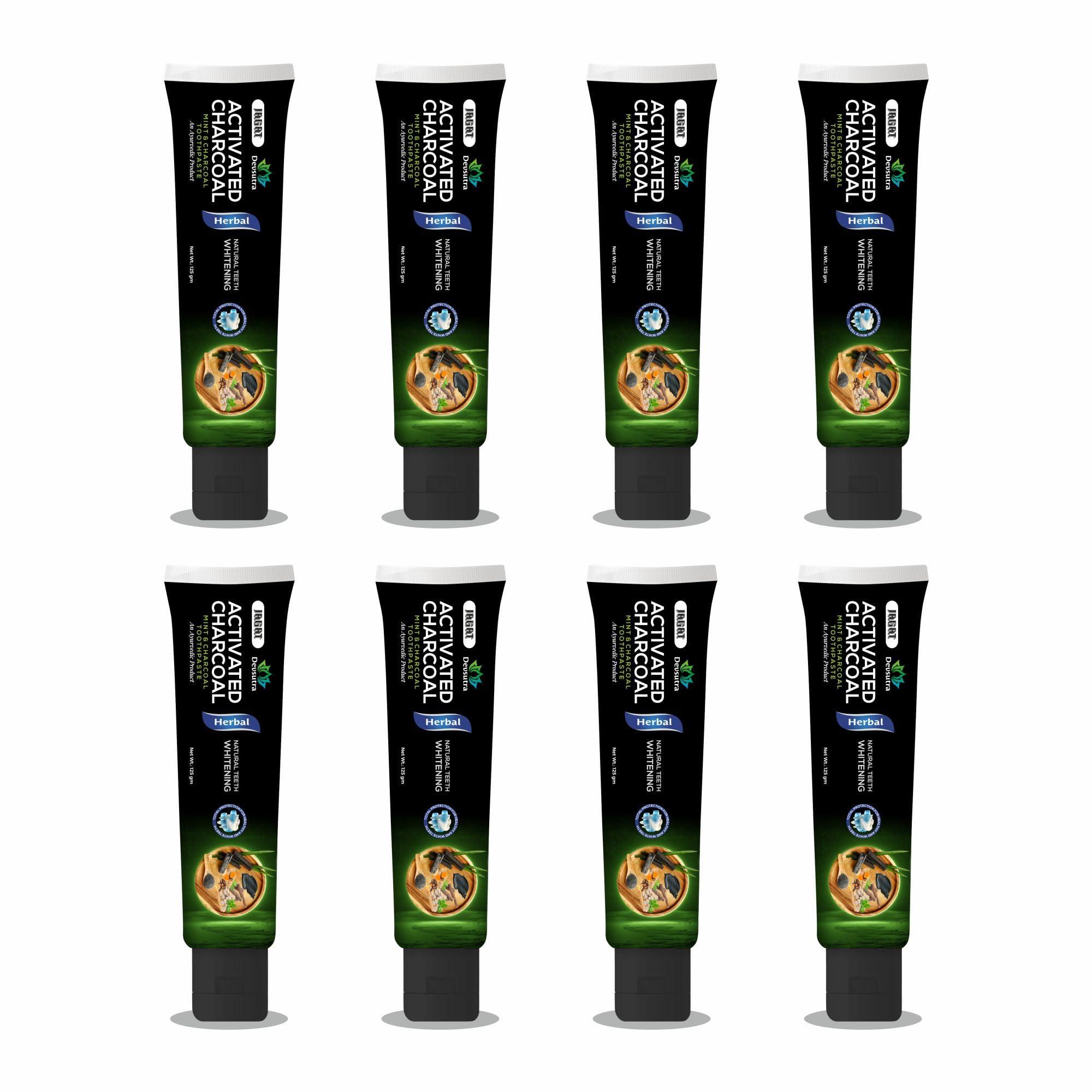 JAGAT Jagat Devsutra Dr. Trusted Ayurvedic HERBAL Activated Charcoal Toothpaste for Teeth Whitening - 100% Natural Formula with Mint Flavour, No Fluoride & Artificial Colours - Pack of 8 (100g x 8)