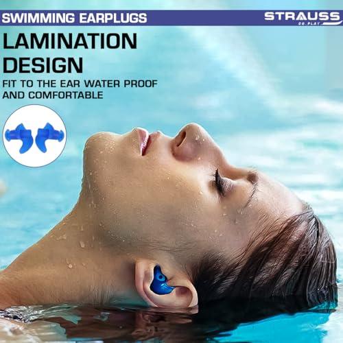 STRAUSS Strauss Swimming Earplugs | Waterproof and Reusable Silicone Swimming Ear Plugs|Noise Cancellation, Soundproof Earplug Can Be Used For Swimming,Flight and Travel| Suitable for Kids and Adults,(Blue)