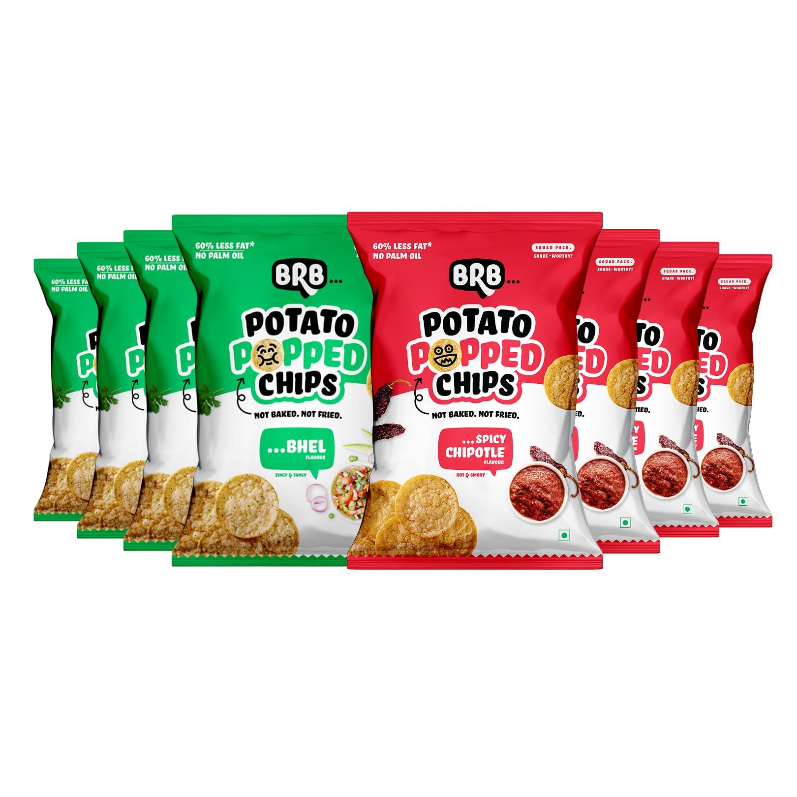BRB BRB Popped Potato Chips | Not Baked, Not Fried | 8 Packs X 52 Grams | 2 Flavours - Bhel (4) & Sweet Chipotle (4) | 60% Less Fat | Low Calorie | Healthy Snack