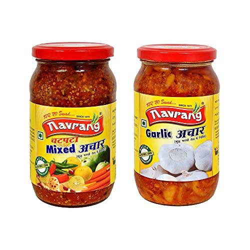 navrang Navrang Homemade Combo Shahi Mango Pickle 200gm Aam ka Achar With Less Oil and Garlic Pickle 200gm Lahsun ka Achaar Tangy, Spicy, Sour, and Salty With Ghar Sa Swad Suddh Sarso Tel Mai Nirmit