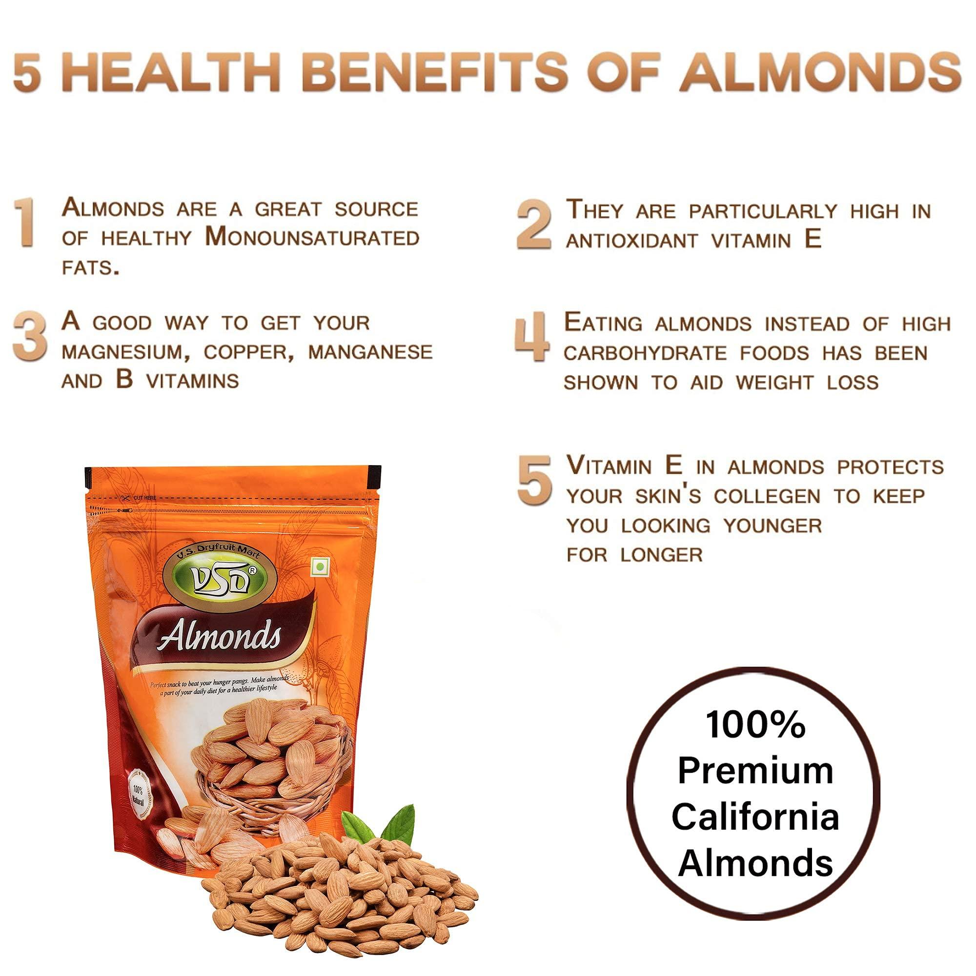 VSD VSD Premium 100% Natural Jumbo Almond (Badam) California Selected | Badam Dry Fruits/Badam Giri/High in Fiber & Boost Immunity/Raw Whole Natural Badam | Pack of 2 (250Gm Each), 500Gm