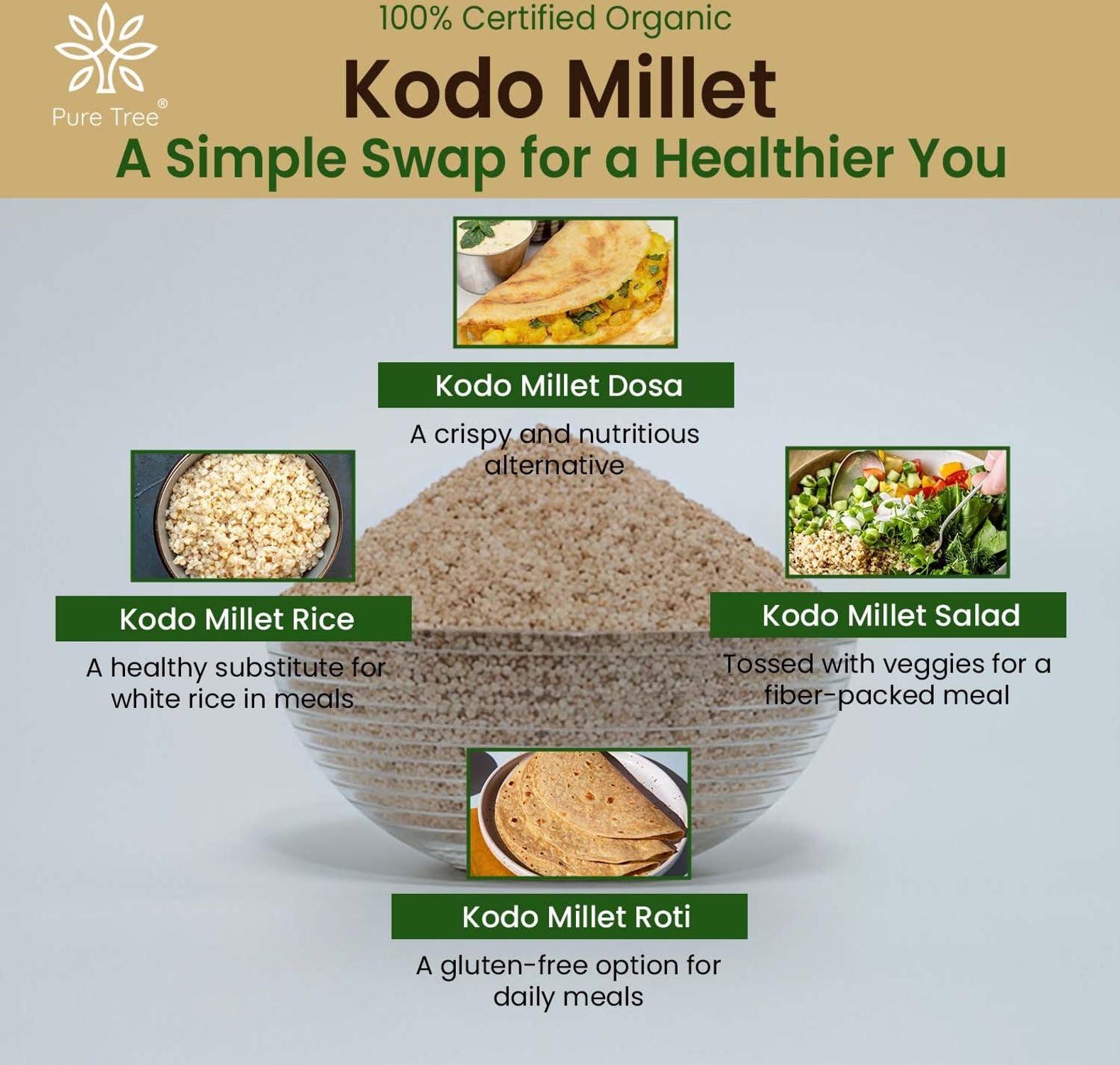 Pure Tree Pure Tree Certified Organic Kodo Millet | 900 g | Kodo Millet Arikelu Organic Millets | Cow Grass Gluten-Free Kodra Millet | Millet Rice Unpolished Millets For Upma, Dosa