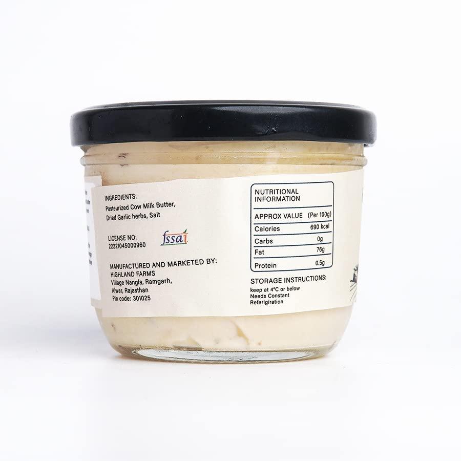 HighLand Farms Highland Farms A2 Cow Milk Butter | Seasoned with Garlic and mixed Herbs |Traditional Method of Butter Making | Free Range Cow Milk | No Preservatives | 200gm