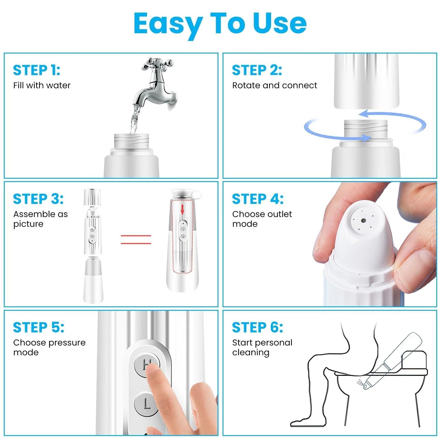 DOCAT DOCAT Handheld Portable Bidet Spray Bottle for Toilet Retractable Bidet Angled Nozzle Jet Spray for Personal Hygiene Care with 2 Nozzles and Travel Pouch Bag (4 Modes Electric)