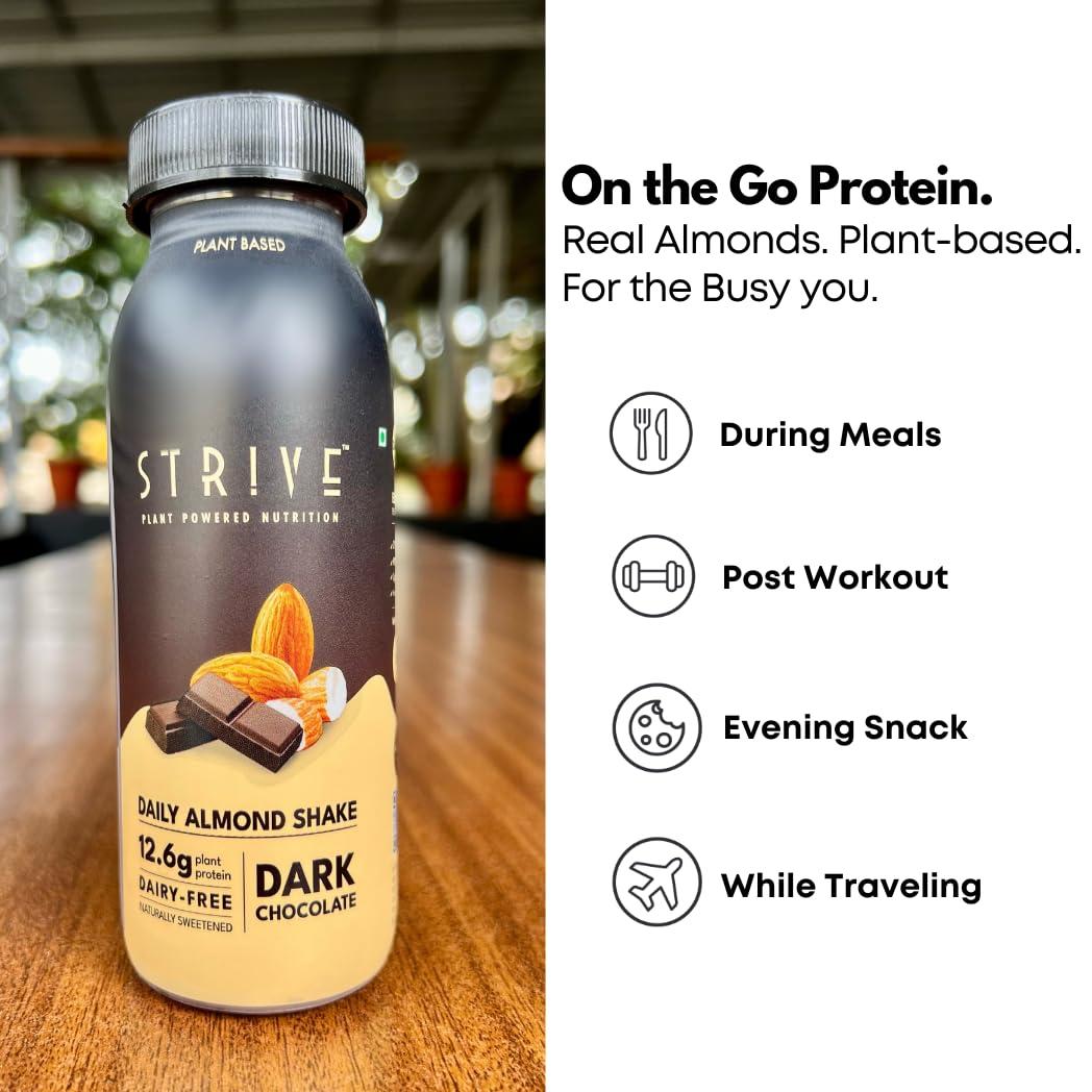 STRIVE Strive Vegan Protein Shake with 12.6g Plant Protein and 25% Calcium, Naturally Sweetend, Low Calorie Drink, Gluten & Trans Fat Free, Gut Friendly, Source of Fiber, Pack of 12 x 200ml (Dark Chocolate Almond)