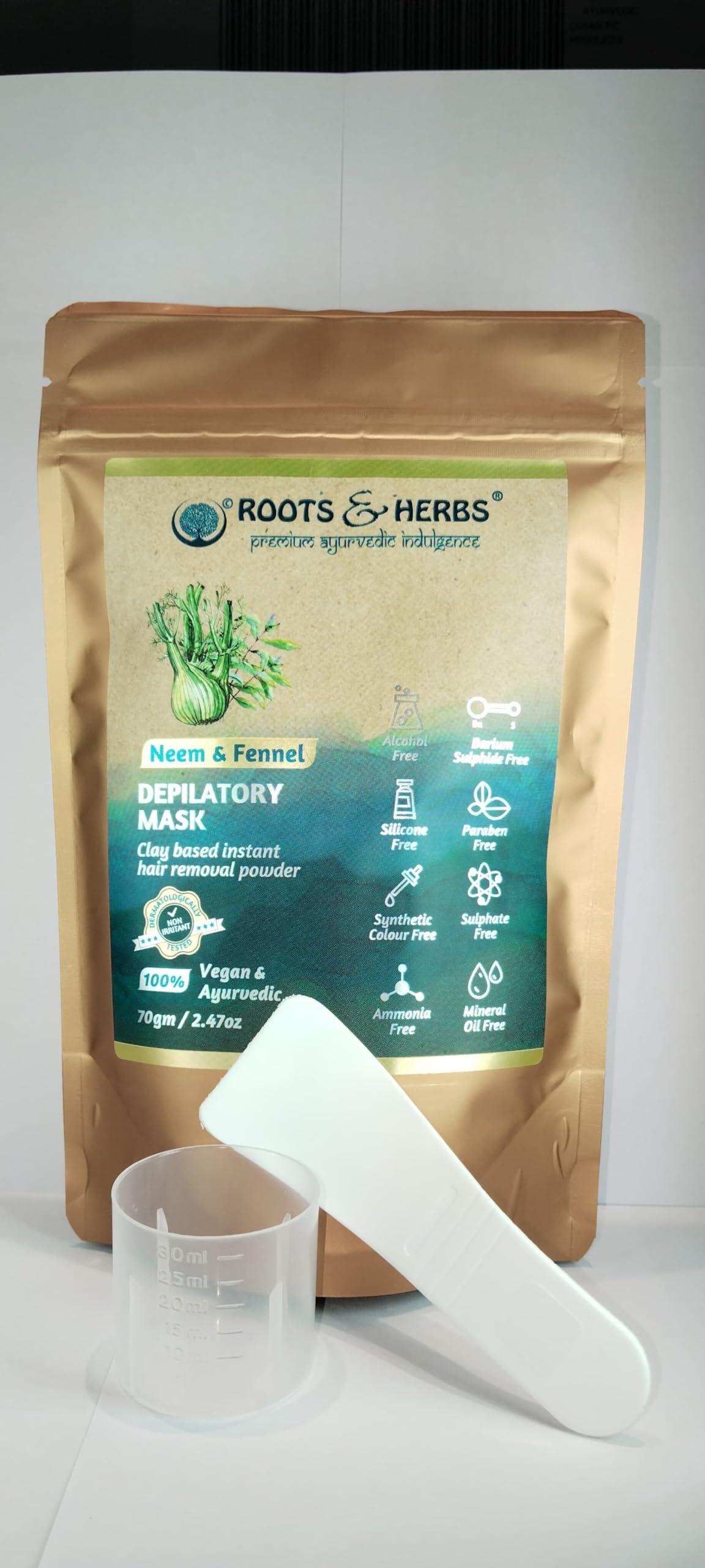 ROOTS AND HERBS ROOTS AND HERBS Vegan Hair Removal - Neem and Fennel Depilatory Mask - Men and Women's Facial Hair Removal for sensitive skin, Organic Hair remover, Pubic, Bikini, Leg Mask, Powder Waxing (2.47 Ounce)