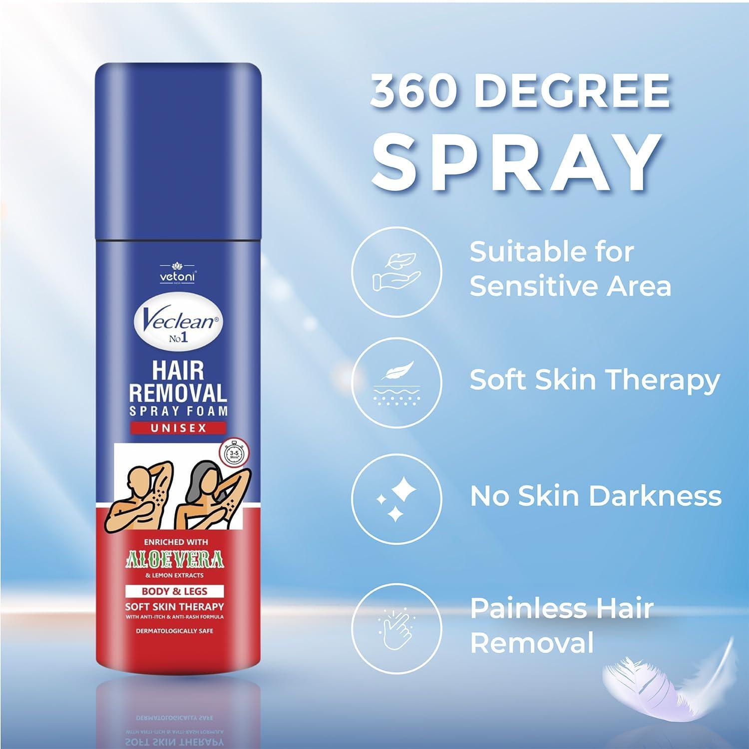 Vetoni Vetoni Veclean Hair Removal Spray Foam, 200ml x 2, for Men & Women, 3 Mins Formula, Painless, Enriched with Aloe Vera & Lemon, for Chest, Back, Legs & Underarms