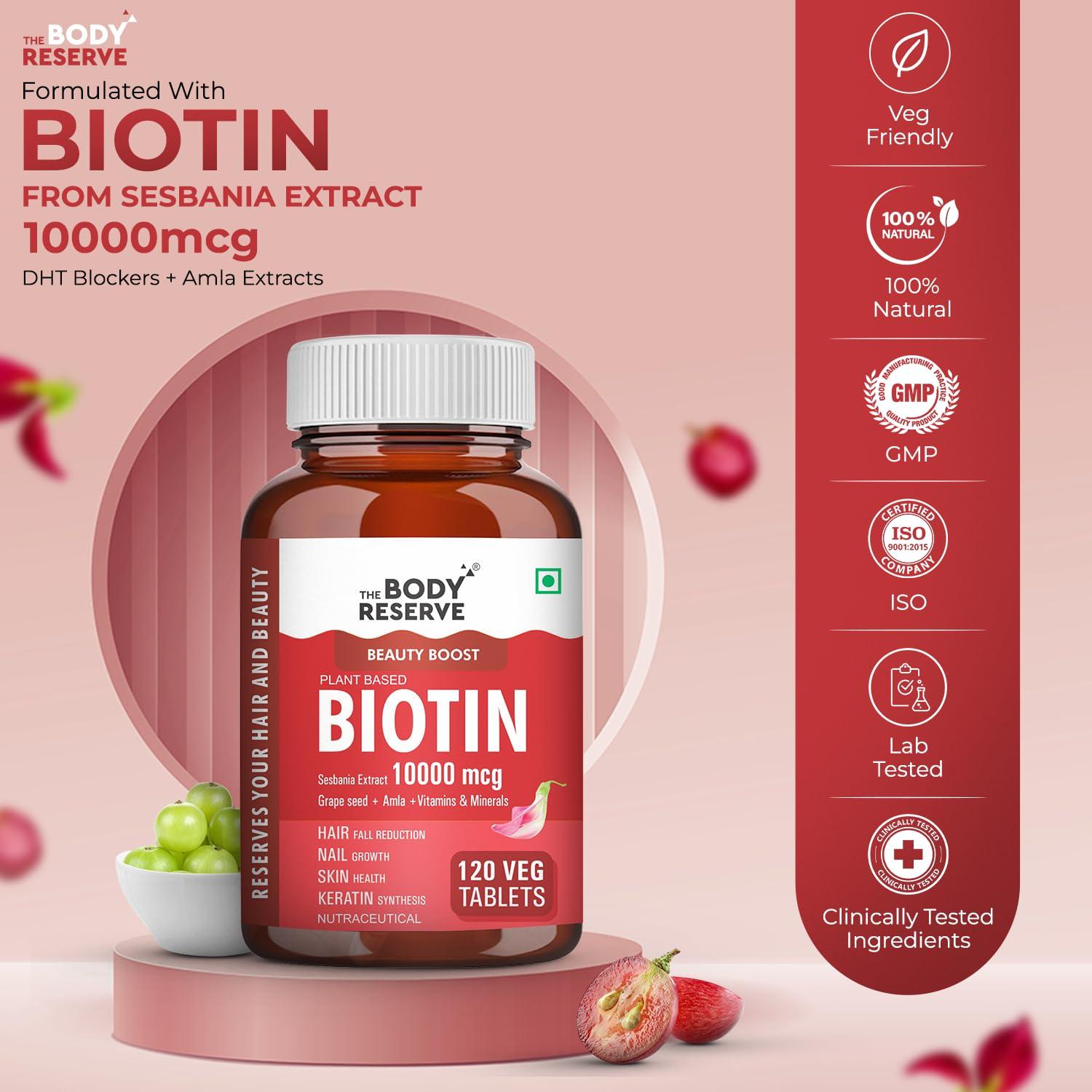 The Body Reserve The Body Reserve Plant Based Biotin Tablets -120 Veg Tablets, Biotin from Sesbania with Amla, Grapeseed & Hair Multivitamins,Nails For Men Women, Pack of 3