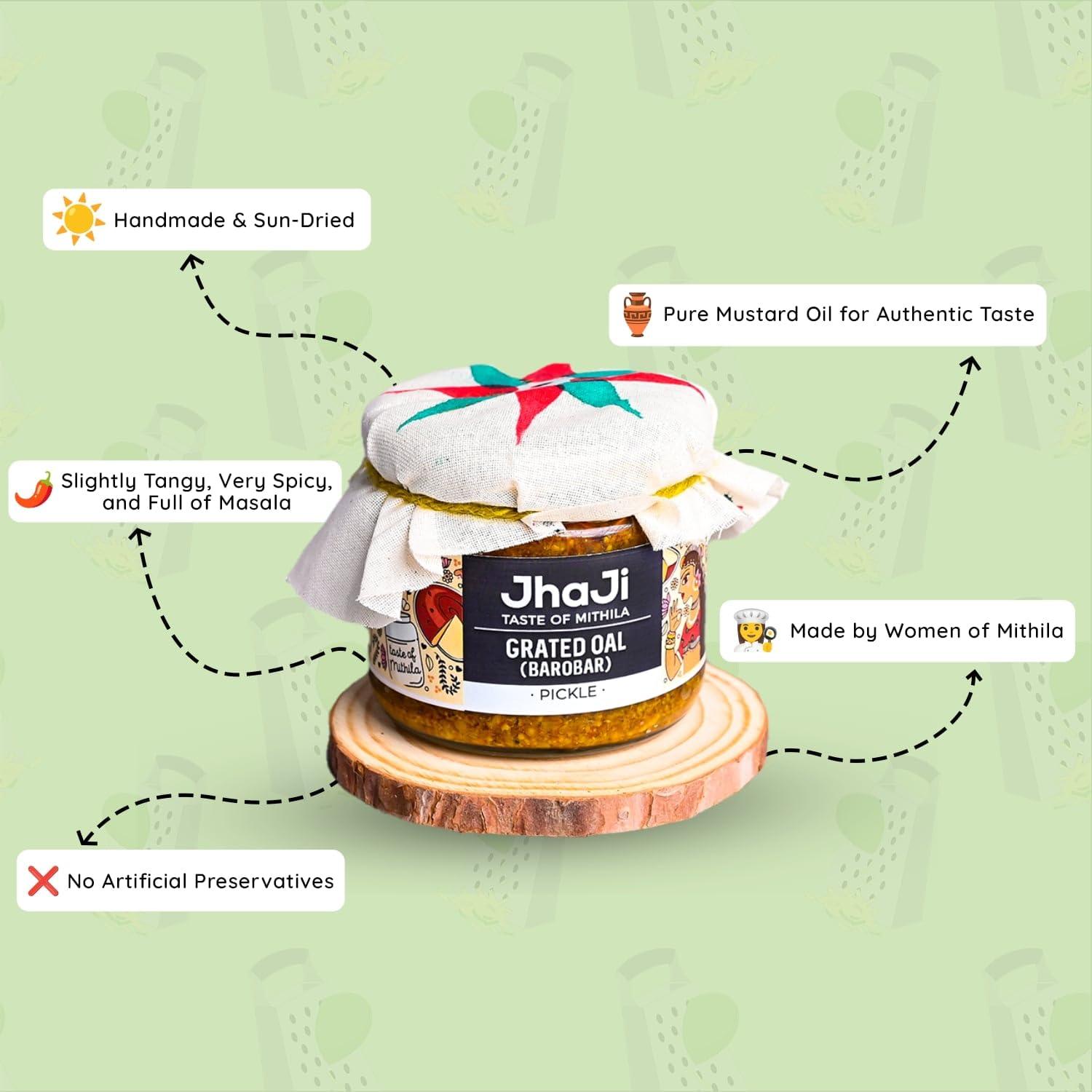 JhaJi - Taste of Mithila JhaJi - Taste of Mithila Oal Ginger Chilli Mix Pickle | Tangy, Spicy, And Gingery Aftertaste | Grated Jimikand Pieces | Sun-Dried | Bihari-Style Homemade Pickle, 500G