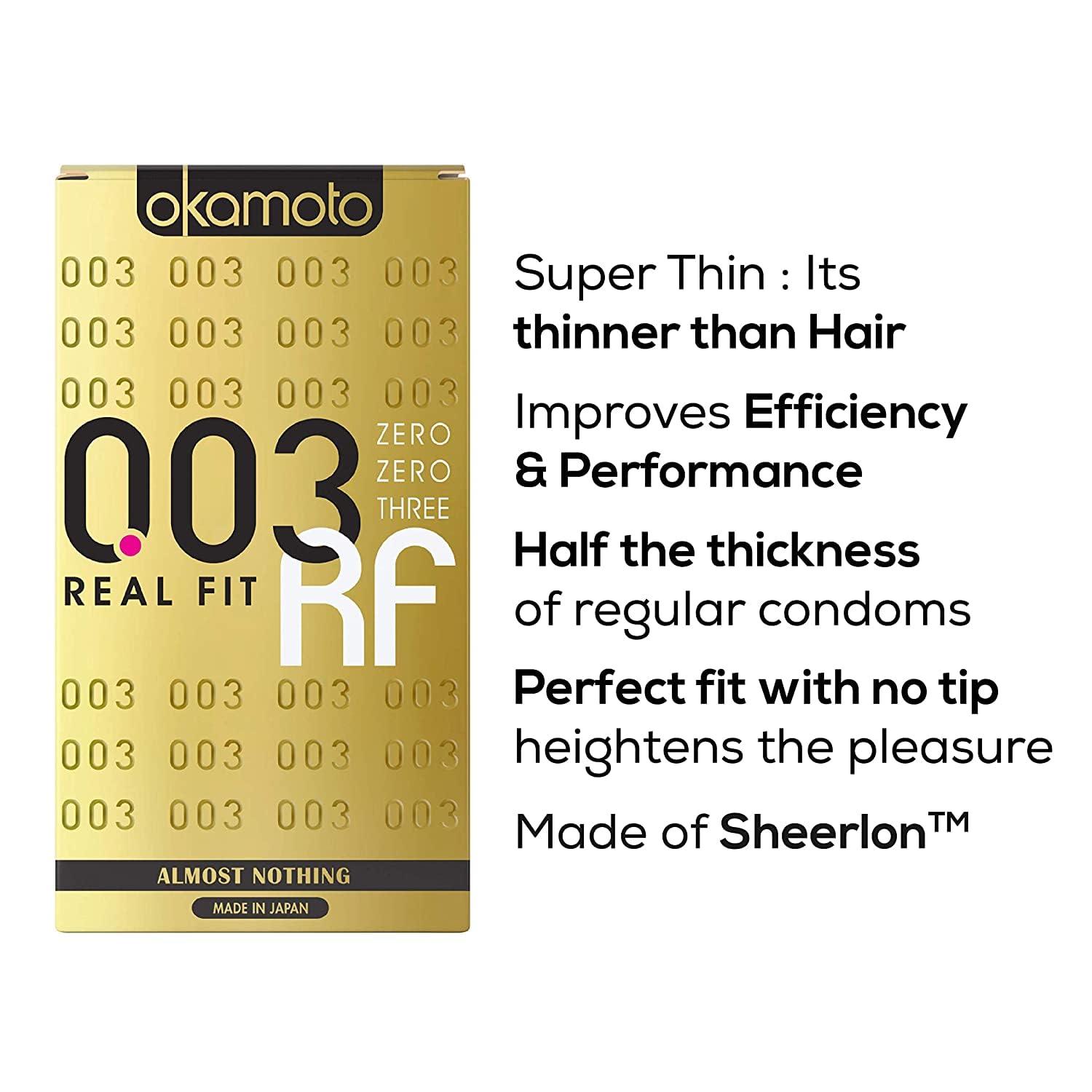 OKAMOTO Okamoto Condom | Ultra Thin Condoms for Men | Thinnest Premium Snug Fit Condoms | Made In Japan | 0.03 mm thin | 003 Realfit (Pack of 2)