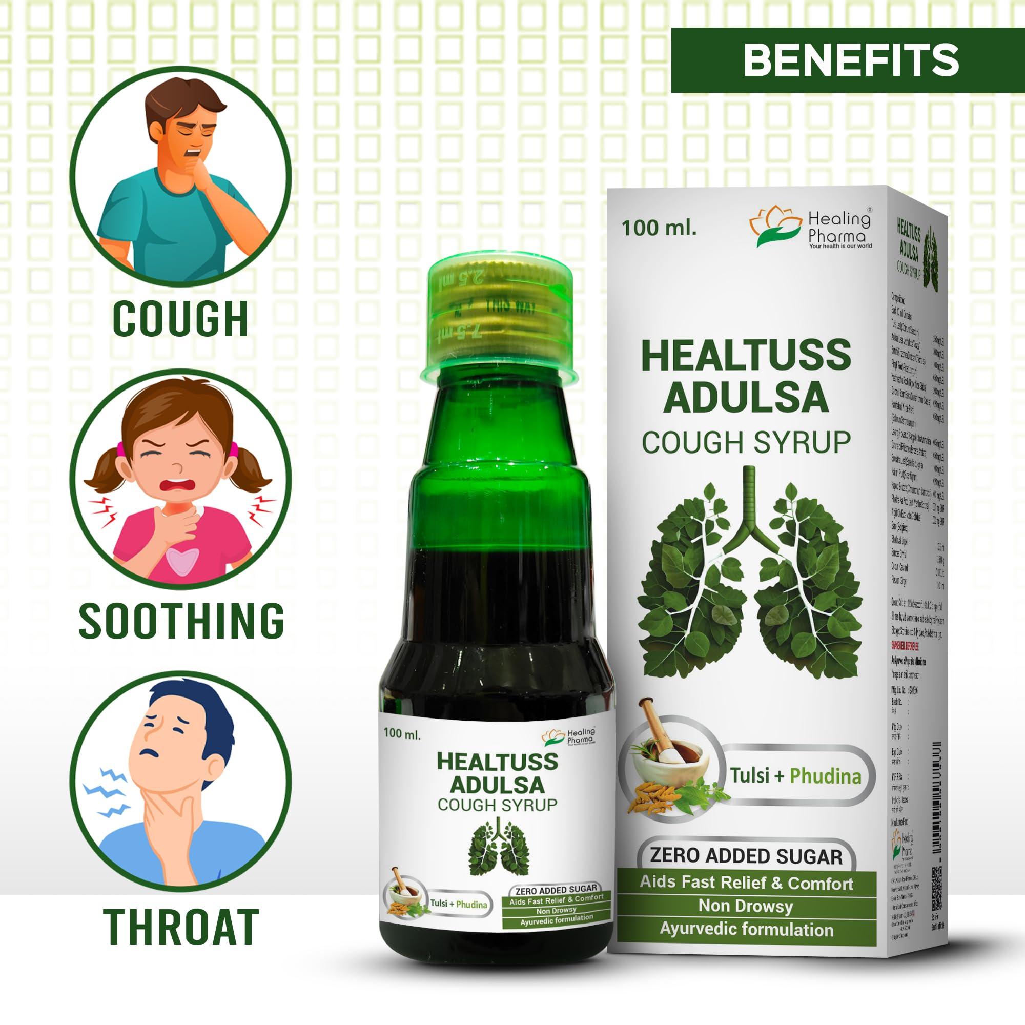 Healing Pharma Healing Pharma - Healtuss Adulsa Cough Syrup With Tulsi & Phudina | Ayurvedic Remedy | Zero Added Sugar - 100ml x Pack of 2