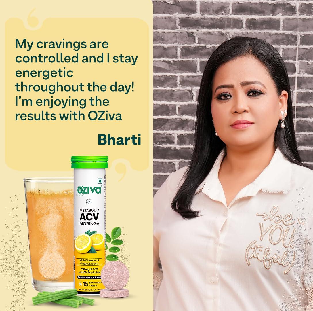 OZiva OZiva ACV Moringa | Control Cravings I Apple Cider Vinegar, Cinnamon, Guggul I No Maltodextrin & No Added Sugar I 15 Effervescent Tablets - Lemon Masala, Pack of 2 (30 Tablets)