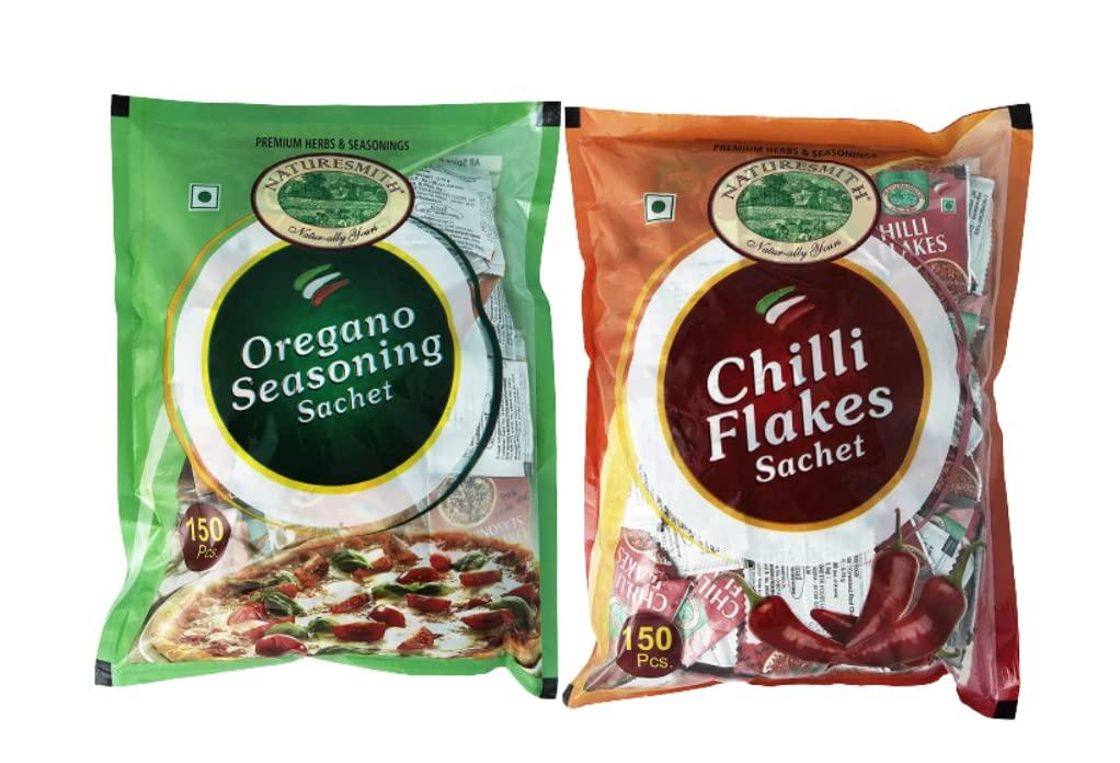 NATURE SMITH Naturesmith Chilli Flakes Sachet(150Pieces) & Oregano Seasoning Sachet(150Pieces) Combo,300 Grams