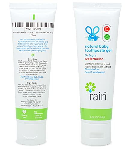 Rain Natural Products Rain Natural Baby Fluoride Free Kids Toothpaste Gel - Non Toxic Safe to Swallow Infant Toddler Tooth Paste, 2.8 Oz, Babies Training, Ages 6 to 12 months and Up Vitamin C Watermelon Toothpaste for Kids