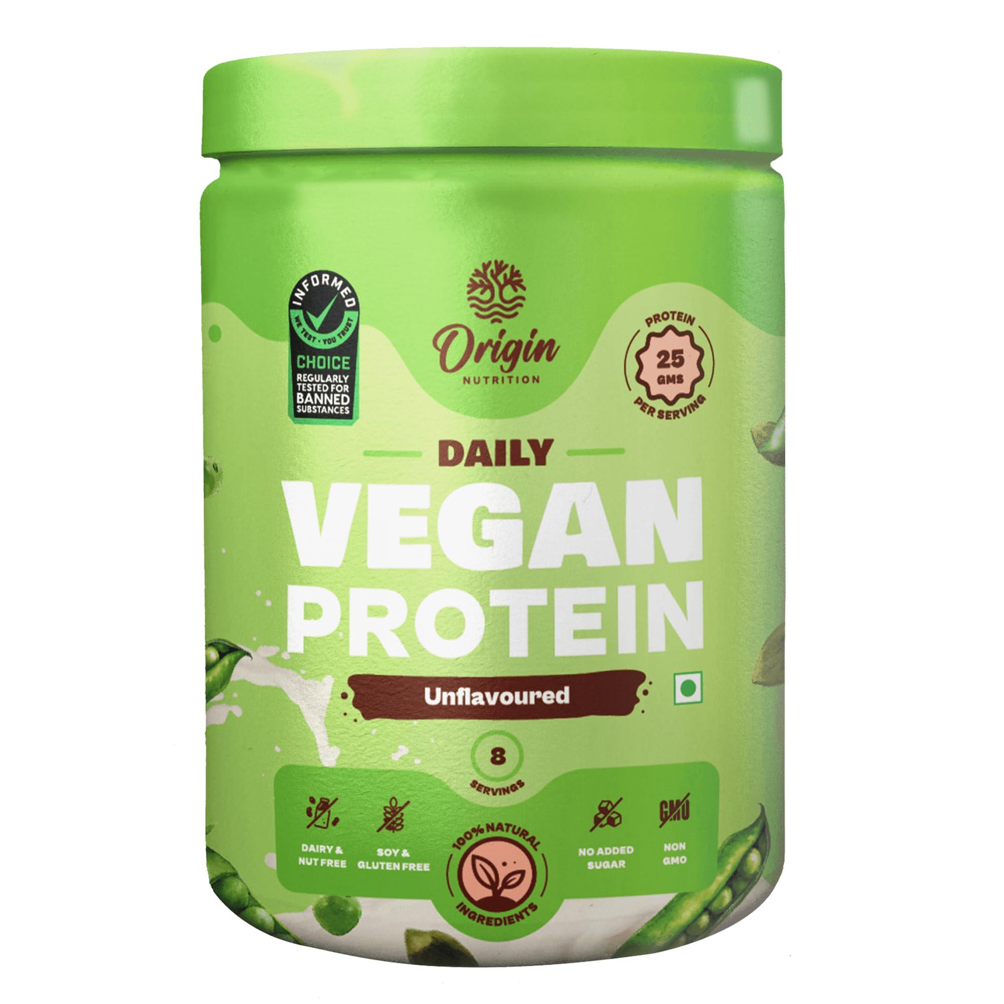 ORIGIN NUTRITION Origin Nutrition 100% Natural Vegan Protein Powder, Unflavoured with 25g Plant Based Protein, Gluten Free, Dairy Free, No Added Sugar, Soy Free, Non - GMO, Jain, 8 Servings, 260g