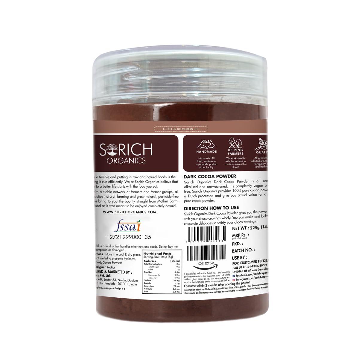 Sorich Organics Sorich Organics Dark Cocoa Drink Powder 225gm | Dark Cocoa Powder for Cake, Chocolates, Cookies, Brownies, Hot/Cold Milk Shakes, Desserts, Bars, Smoothies | Vegan | Gluten Free (Unsweetened)