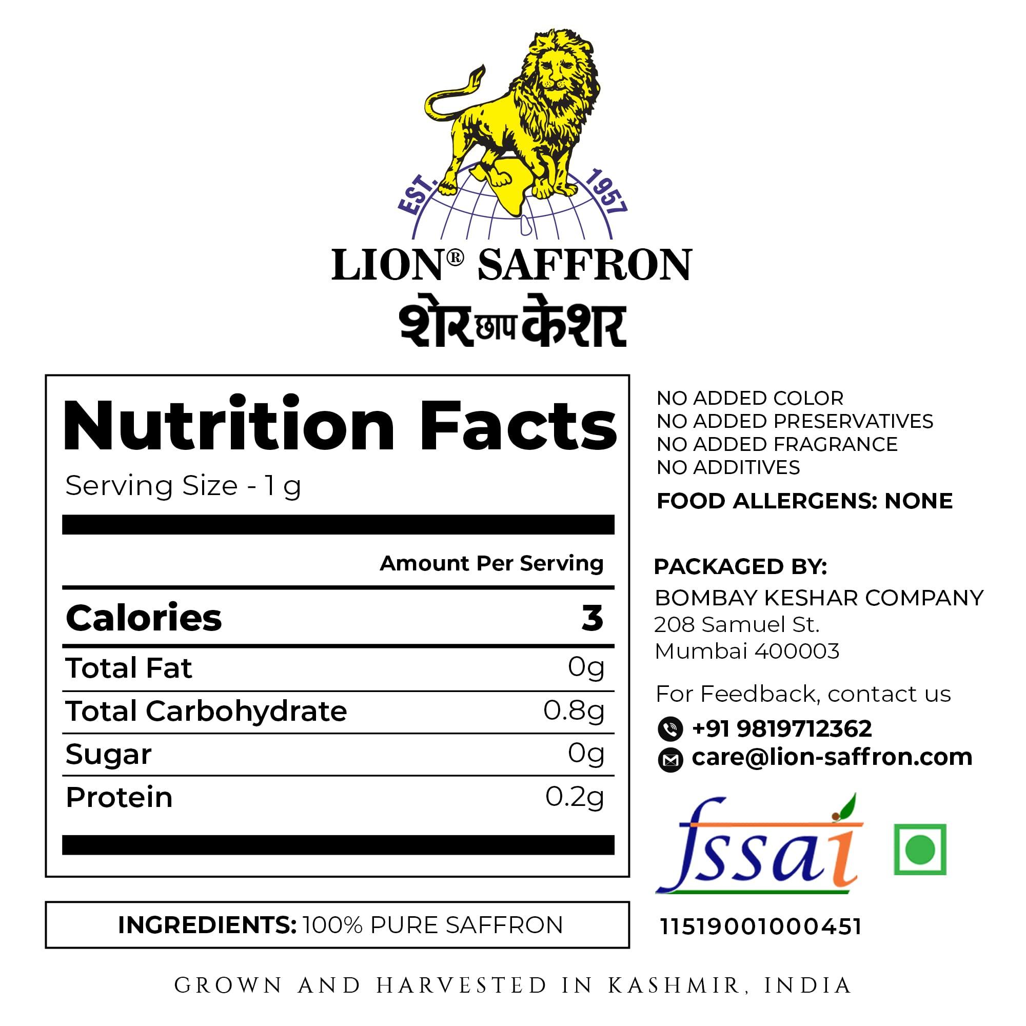 LION BRAND SAFFRON Lion Brand Saffron,2g, Original Kashmir Lacha Saffron/Kesar/Keshar (Certified Grade A) for Biryani, Beauty, Improved Health and Tilak (VALUE PACK OF 2gm (2X1gram = 2grams))