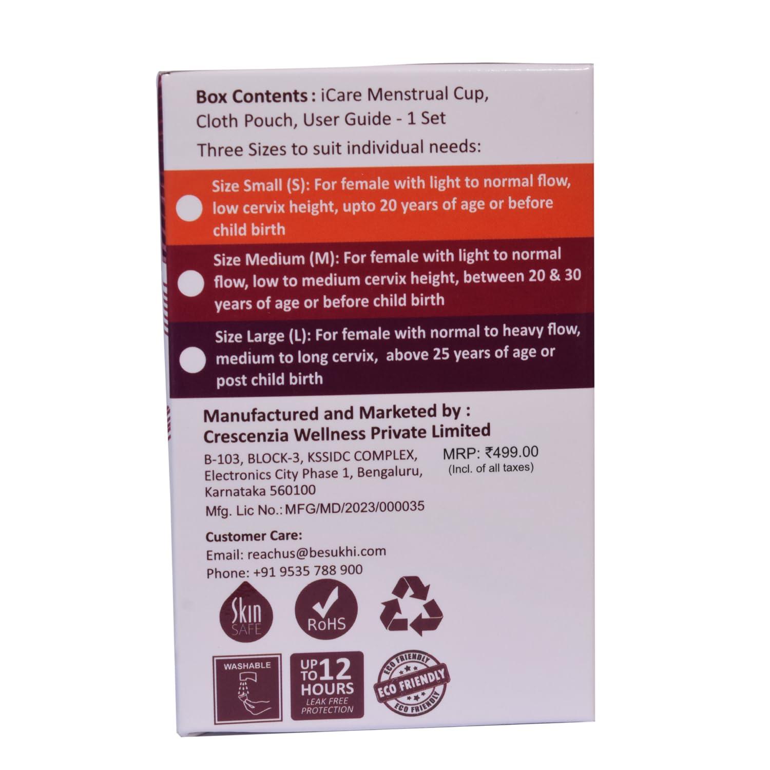 icare iCare Reusable Menstrual Cup for Women with Pouch, odour and Rash Free, No Leakage, Protection up to 12 Hours (Small, Transparent)