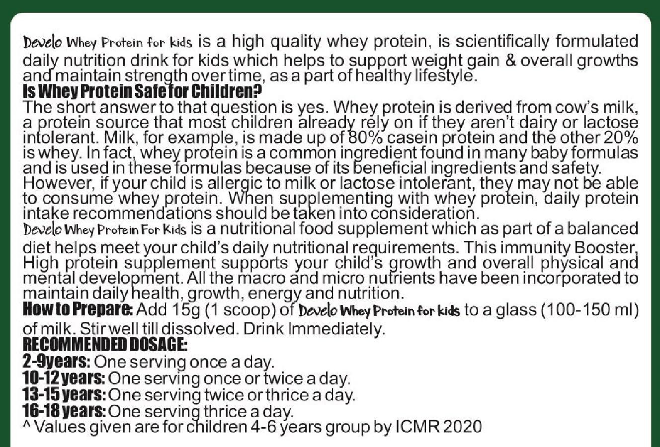 DEVELO Develo Whey Protein Powder for Little Kids, 2-12 years, Adolescent Children & Teenager Boys & Girls - 500g kesar Badam Flavour