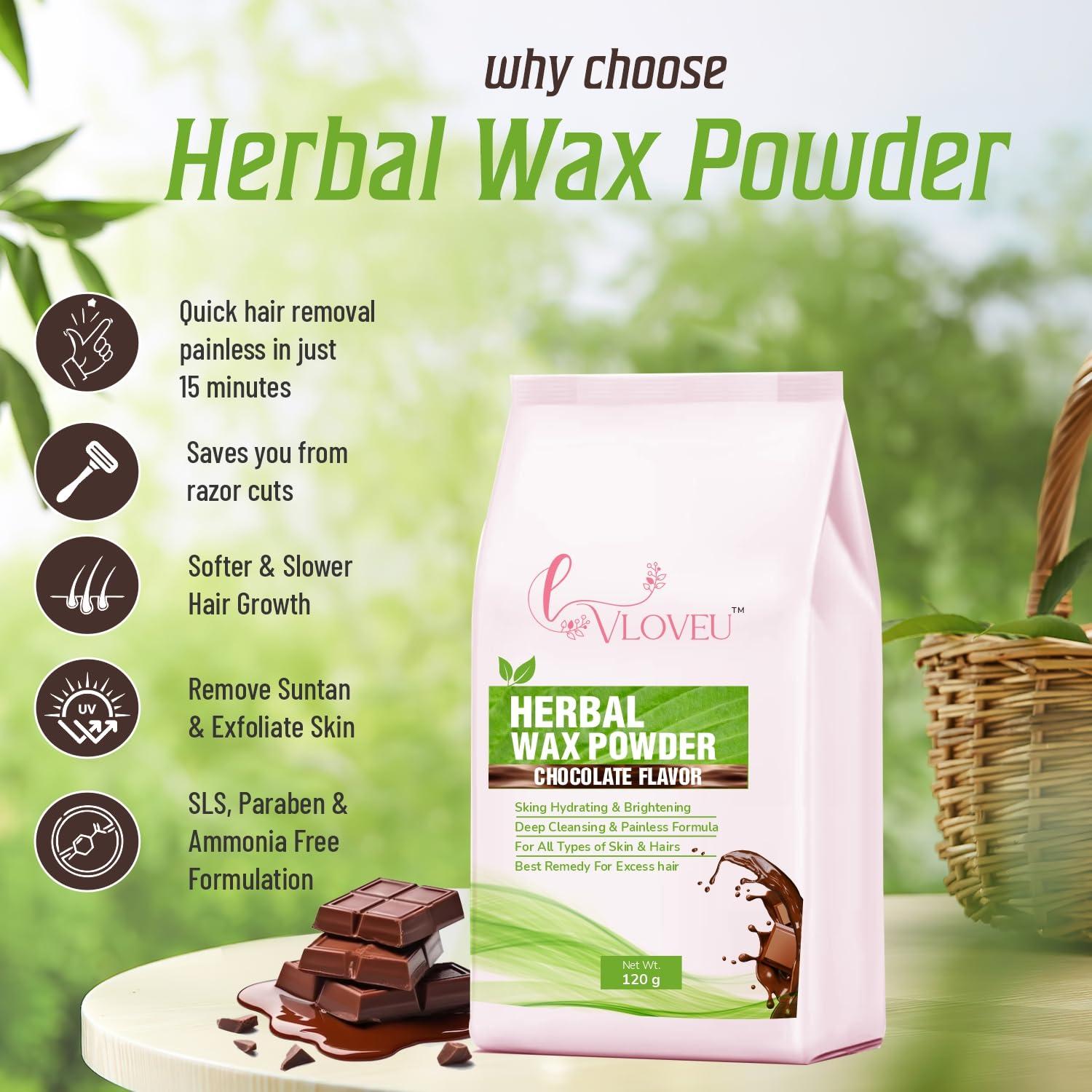 VLOVEU VLOVEU Chocolate Wax Powder Hair Removal Women | Chocolate Hair Removal Powder | Painless Chocolate Wax Women , All Skin Types Hands, Legs, Underarms, Bikini & Intimate Area - 120 Gm (Pack Of 1)