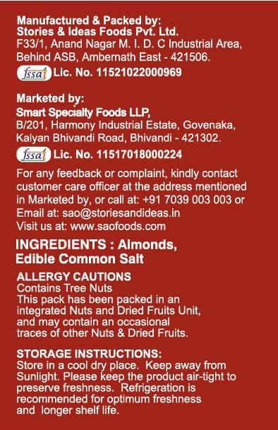 Stories & Ideas SAO Foods Sao Foods Roasted & Salted Almonds 250 gm, Dry Fruits, Crispy and Crunchy, Healthy Dry Foods, Real Nuts, Rich in Protein, Perfect for Snacking