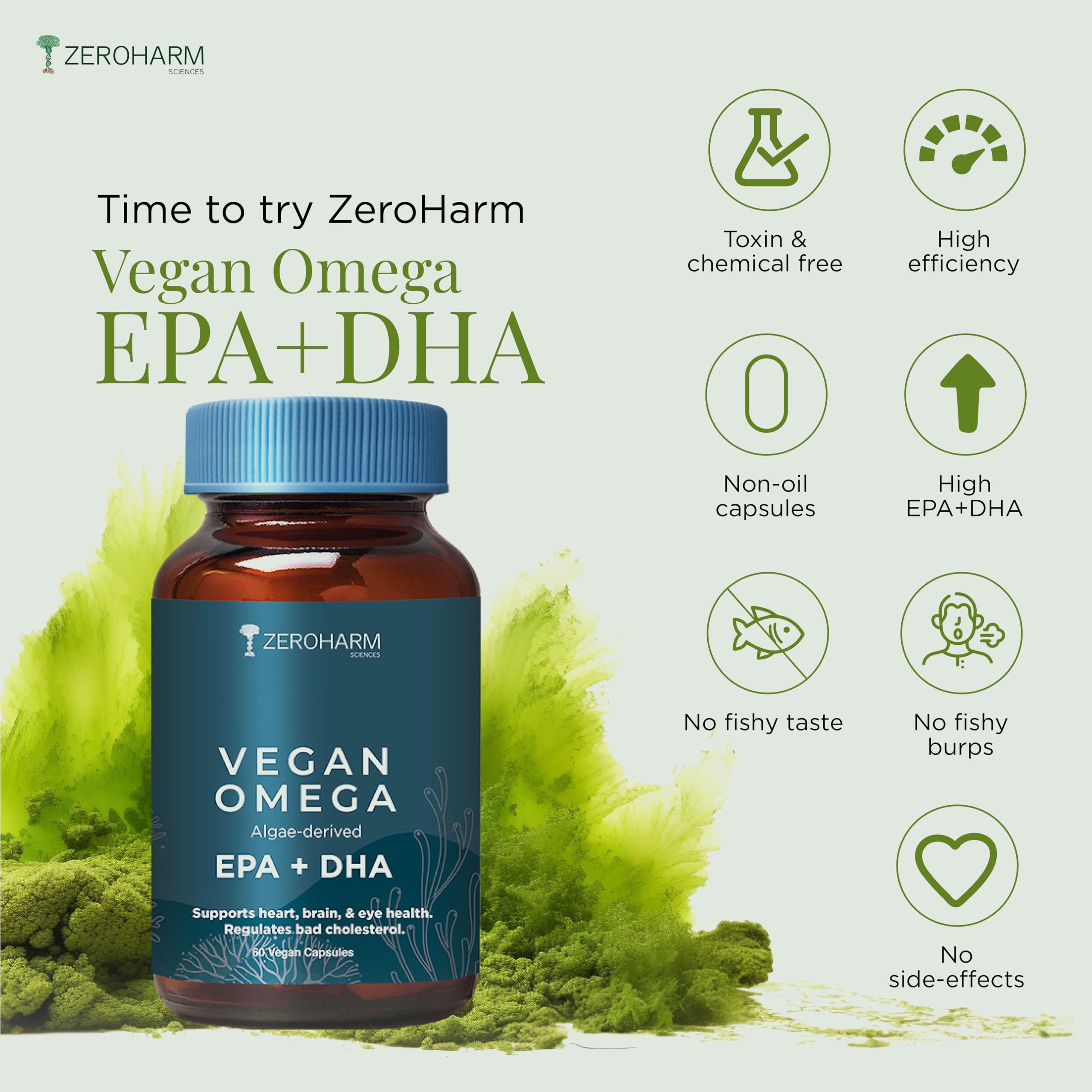 ZEROHARM ZEROHARM Vegan Omega (EPA+DHA) | Supplement for men, women, and kids | Better health for the eyes, skin, muscles, bones, and joints | Sourced from algae | 60 Caps