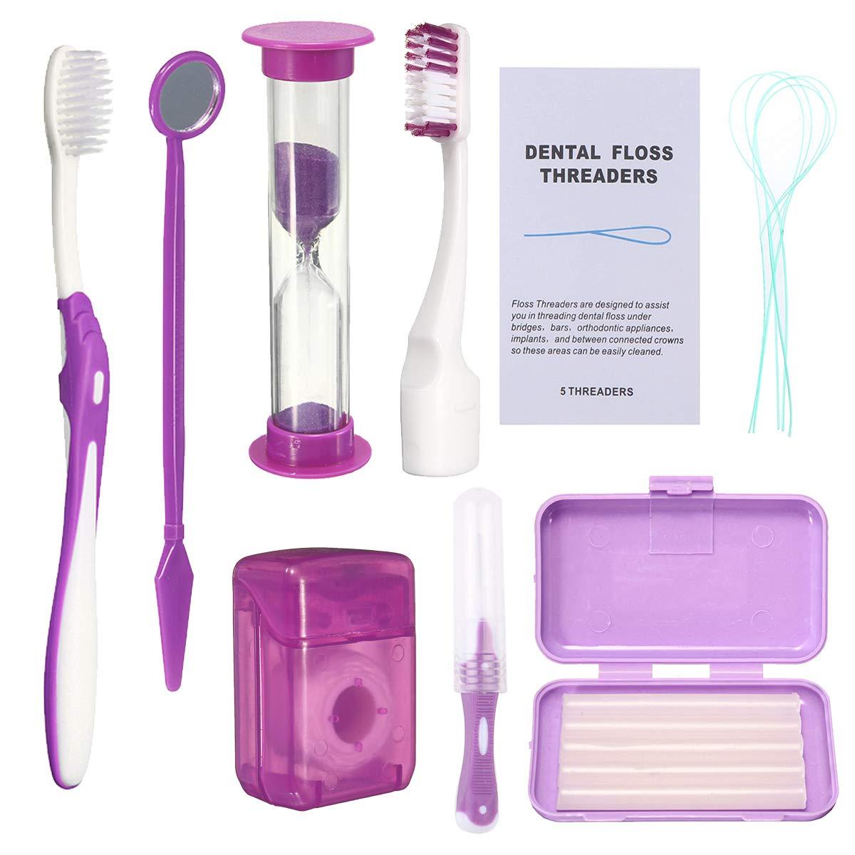 Ceonam Ceonam Adult Braces Cleaning Kit For Teeth , Portable Orthodontic Manual Toothbrush Kit Oral Care Dental Travel Kit-Interdental Brush Dental Wax Dental Floss Toothbrush Box (Purple), 1 count