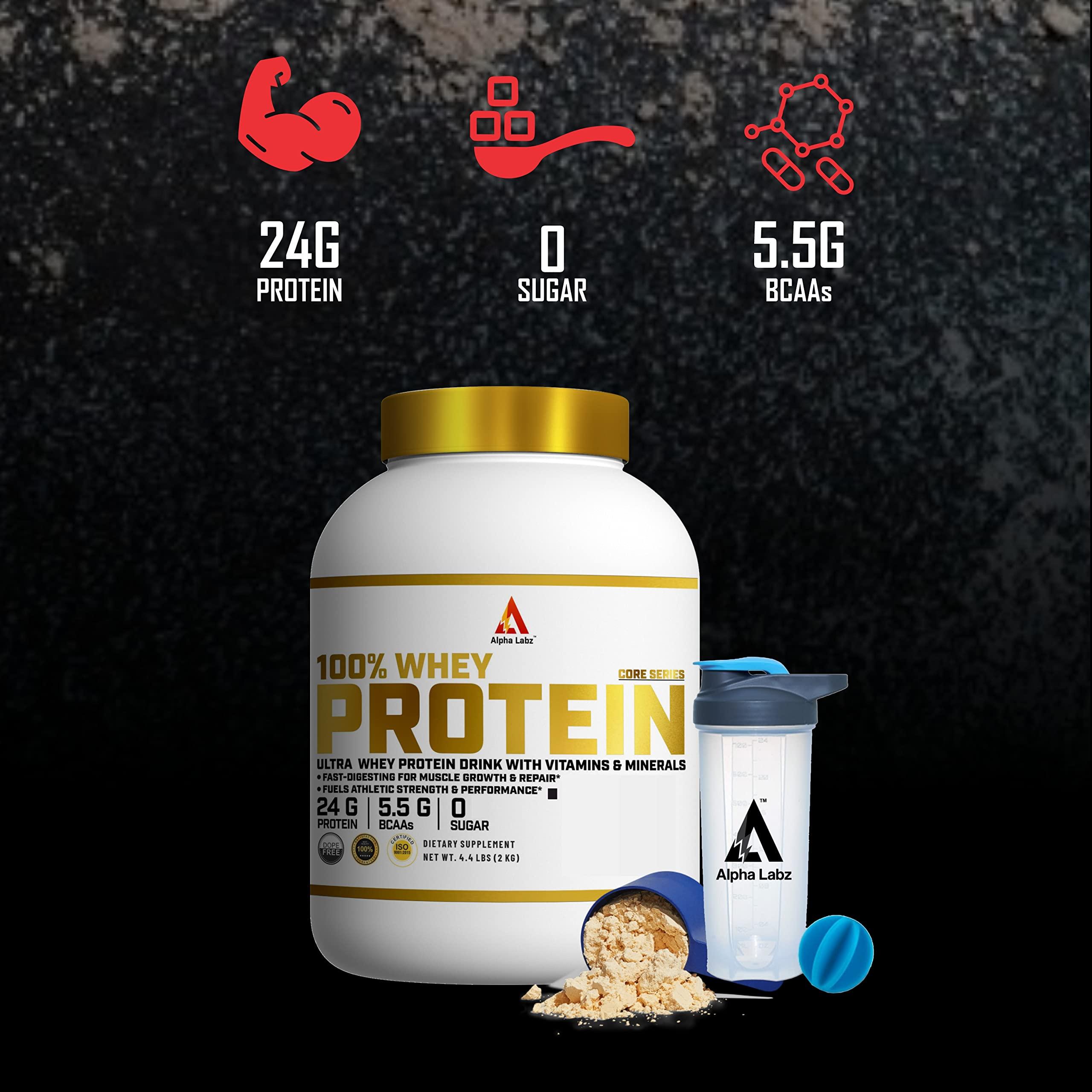 Alpha Labz Alpha Labz Whey Protein Supplement - 100% Whey Protein | Post Workout Whey Protein Isolate - 24g Protein, 5.5g BCAA, 2g Creatine for Fast Recovery & Lean Muscle| Mass Gainer Protein Powder | Protein Powder for Muscle Gain & Muscle Builder for Men and