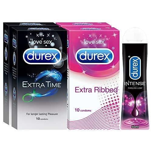 Durex Durex Pleasure Packs (Condoms - 10 Count (Pack of 2, Extra Time), Condoms - 10 Count (Pack of 2, Extra Ribbed), Pleasure Gel - 50 ml (Intense))