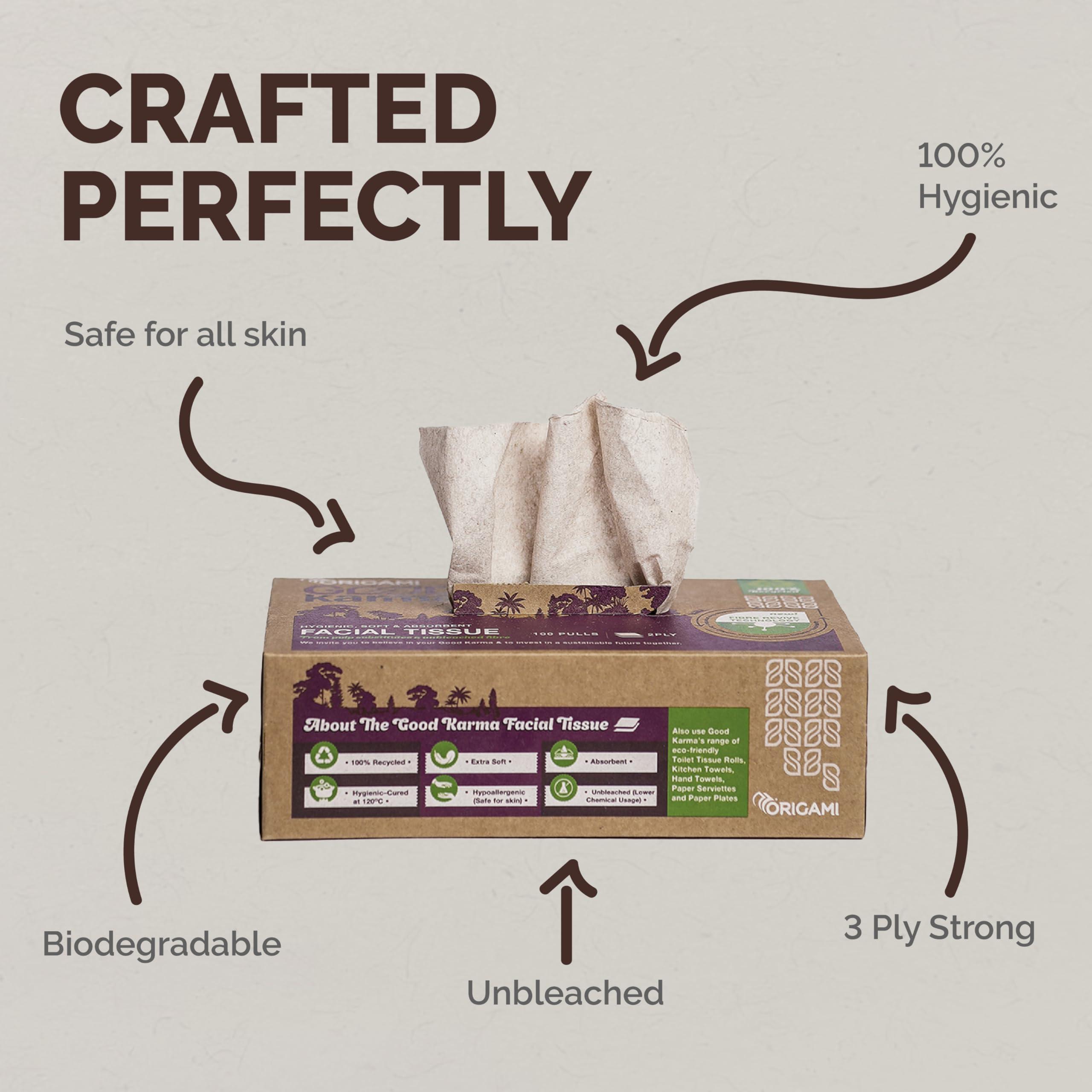 Origami Origami Good Karma 2 Ply Eco-Friendly Unbleached Facial Tissue Box | Car Tissue - Pack of 4 (100 Pulls Per Box, 400 Sheets)