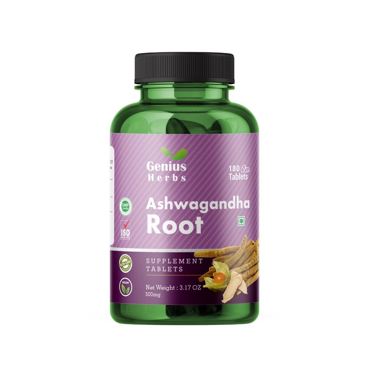 Genius Herbs Genius Herbs Ashwagandha Root Tablets - Stress Relief/Improves Muscle 500mg (180 Tablets) | 30 days Supply