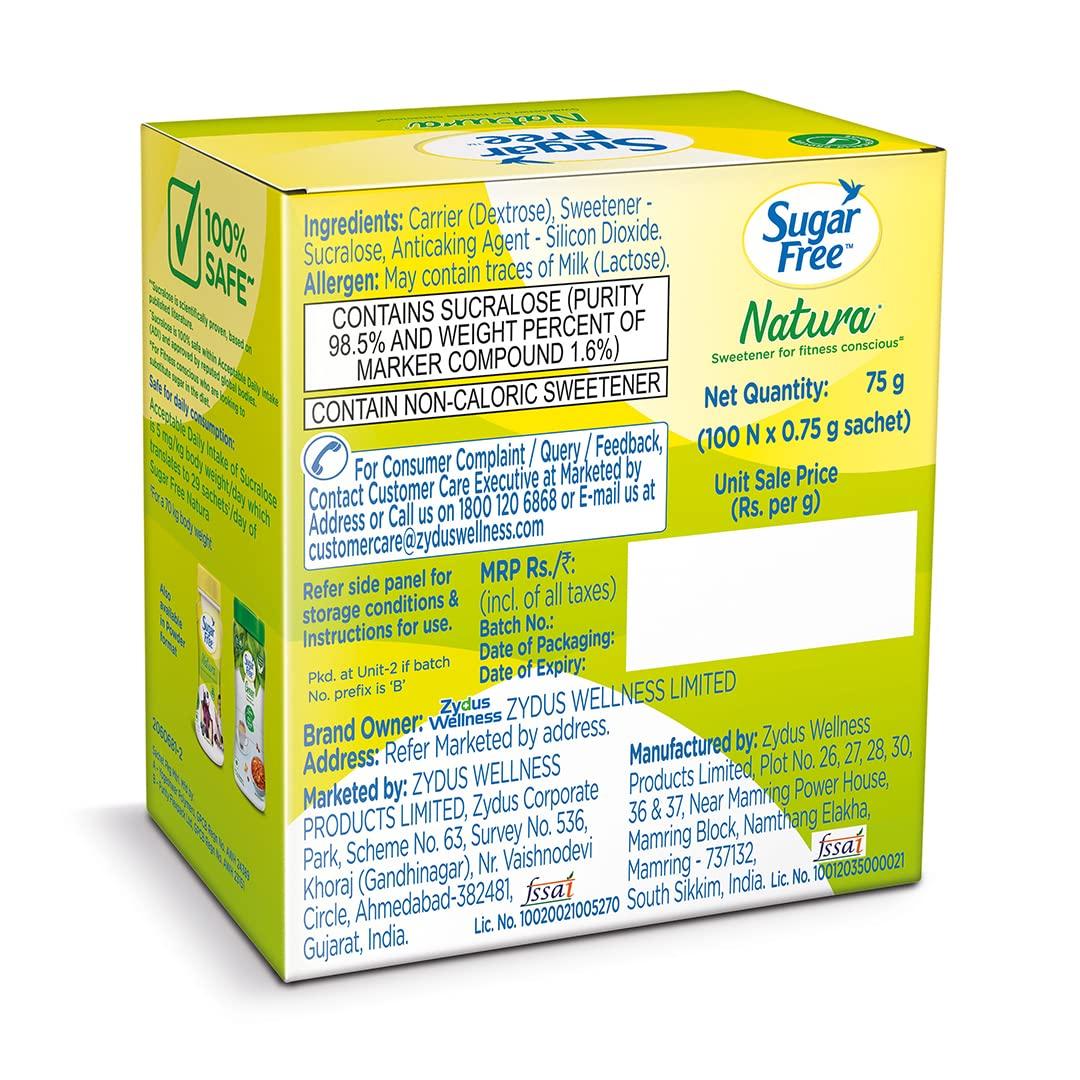 Sugar Free Sugar Free Natura, 100 Sachet | Equivalent to Sweetness from 1Kg Sugar |100% Safe| Scientifically Proven & Tested|Sweet like Sugar but with zero calories| 75 g (Pack of 2)