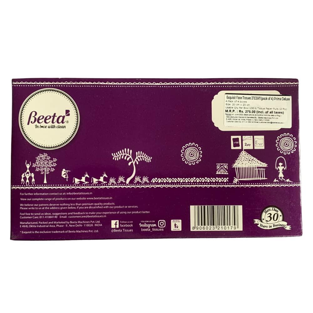 Beeta Beeta Tissue Box Facial Tissue for Home and Business Exq. Face Tissue Indian (Pack of 4)-Prime Soft and Highly Absorbent 100% Natural Cellulose Fiber