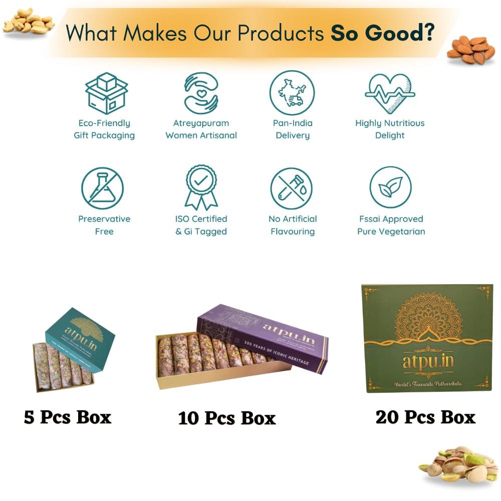 ATPU.IN ATPU.IN Atreyapuram Jaggery Dry Fruits Putharekulu (Pootharekulu) | Delicious South Indian Snack | Gi Tagged Mithai | 10 Pcs Box (300G) (Kaju Badam, 10 Pcs Box (300G))