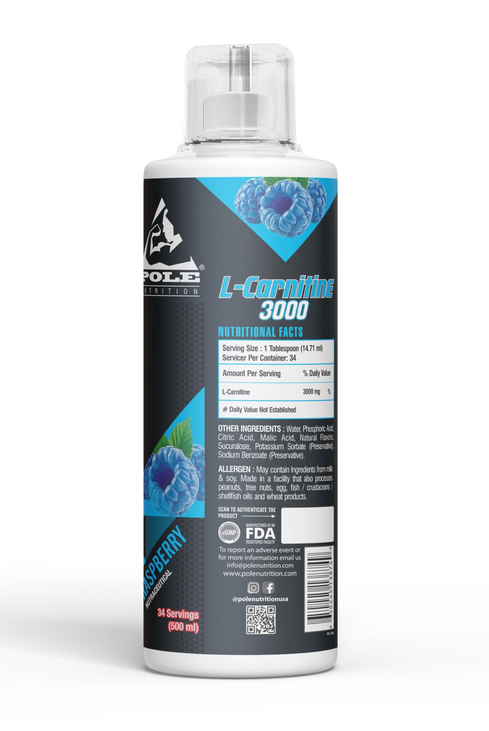 POLE NUTRITION PRO6 Pole Nutrition L-Carnitine 3000 - Blue Raspberry Flavour Dietary Supplement, 500ml, 34 Servings - Boost Energy and Support Fat Metabolism