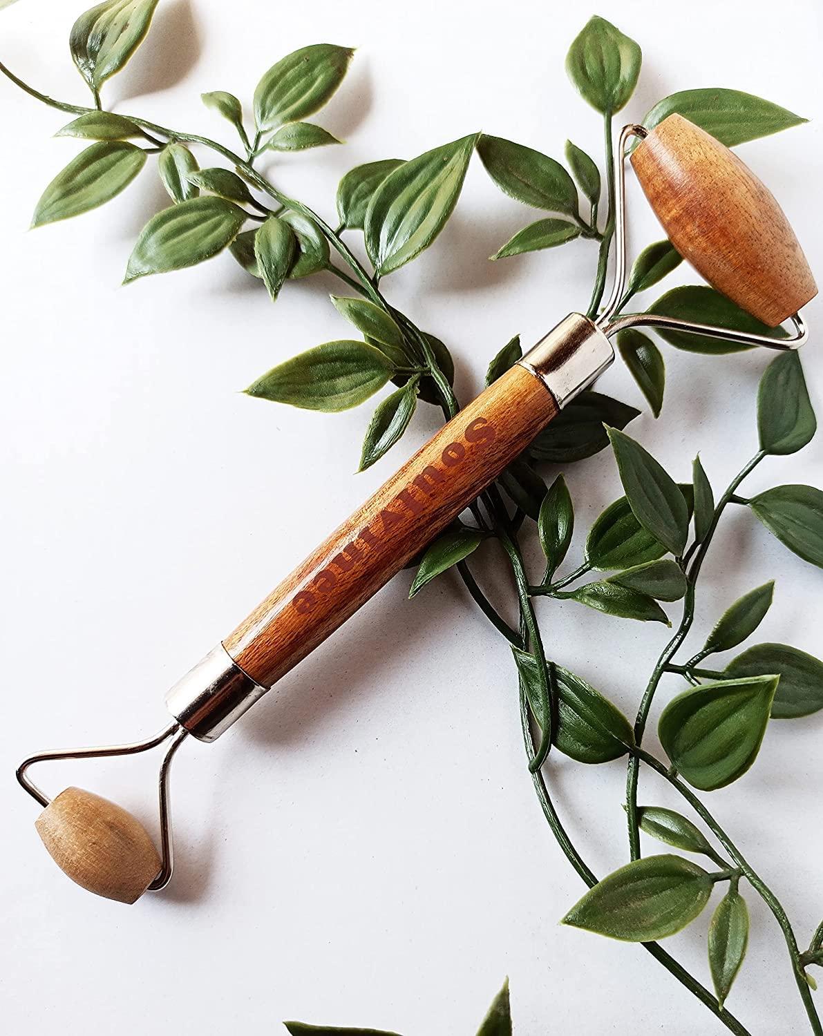 soulvinee Soulvinee Natural Neem Wooden Face Massage Rollers Facial Spa Massage Gua Sha Tool Double Head wooden Roller With KumKumadi Oil