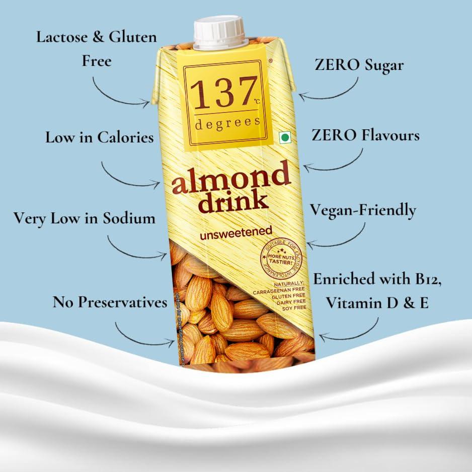 137 Degrees 137 Degrees Almond Drink Unsweetened | Lactose Free | Gluten Free | No Preservatives | Zero Cholesterol | Dairy Free| Source of Calcium & Vitamins - PACK OF 4 (1L Each)