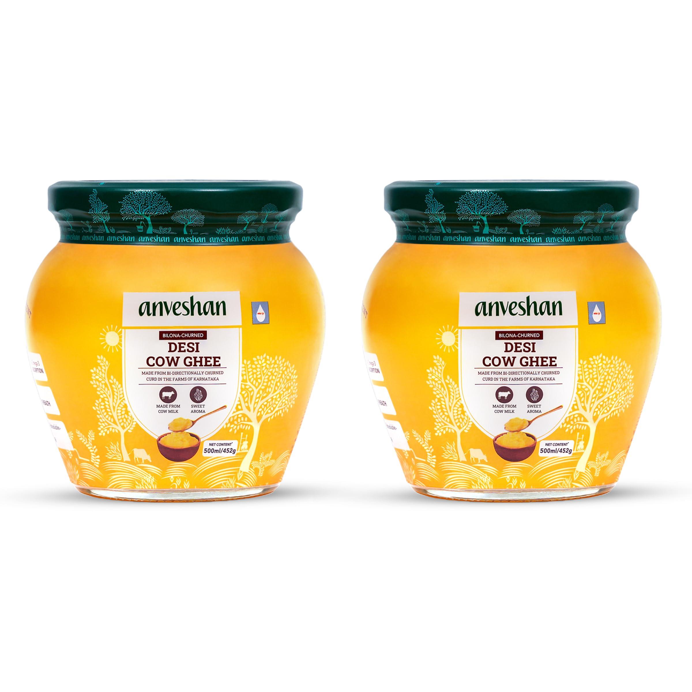 Anveshan Empowering farmers with technology Anveshan A2 Desi Cow Ghee (500ml x 2 Jars) | Glass Jar | Bilona Method | Curd-Churned | Pure, Natural & Healthy | Lab Tested | Grass-Fed Cultured Ghee