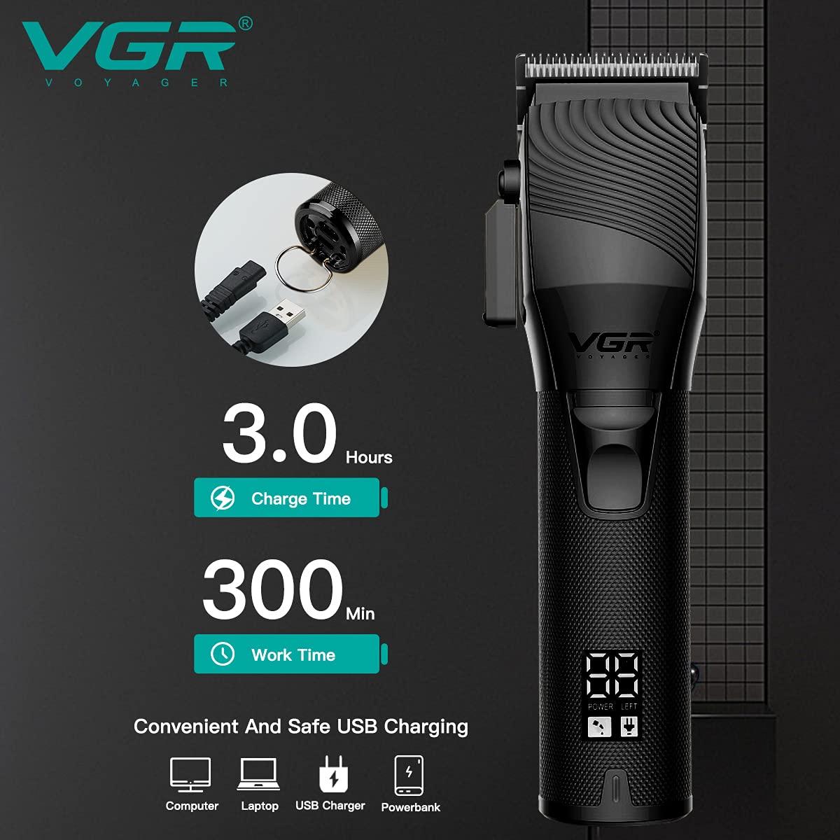 VGR VGR V-280 Digital Display Professional Taper Lever Cordless Hair Clippers Cutter Rechargeable Wireless Hair Grooming Trimmers Set, Rechargeable Li-ion Battery 2500mAh 300 minutes Runtime - Black
