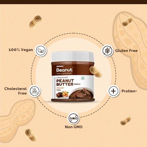 Beanut Beanut Chocolate Peanut Butter Creamy - 340gm | Classic Peanut Butter with Rich Fiber | Non-GMO, Gluten Free, Vegan & Cholesterol Free