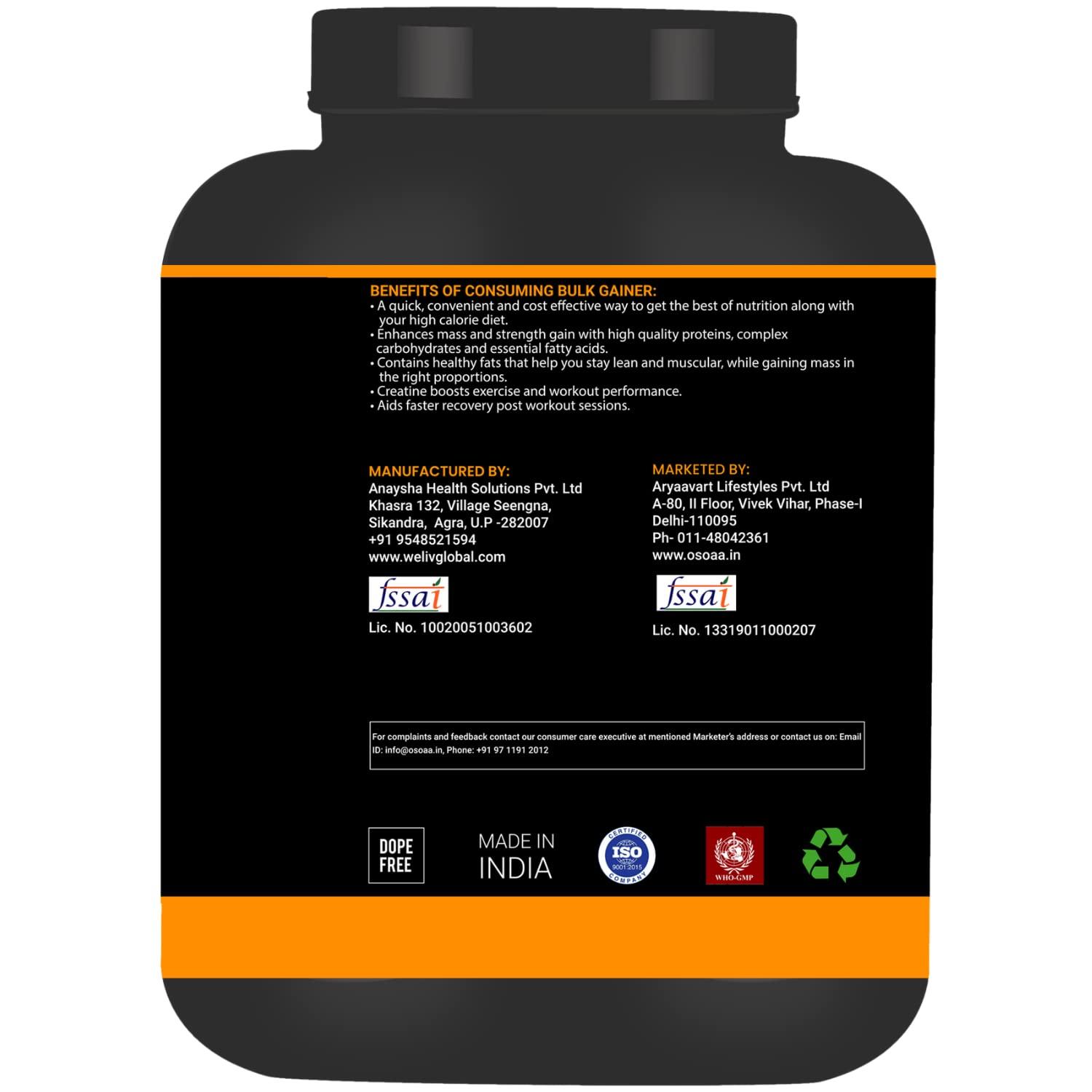 OSOAA OSOAA Bulk Mass Gainer 3Kg | (Italian Chocolate) | 15g Protein |490 Calories | Added 3g Creatine | with Digestive Enzymes | 28 Added Vitamins | For Both Men & Women