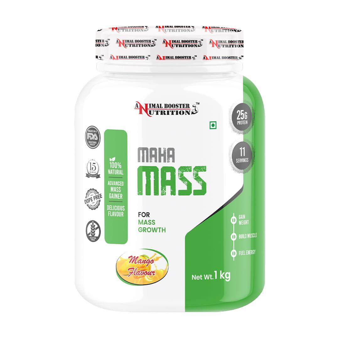 ANIMAL BOOSTER NUTRITION Animal Booster Nutrition Maha Mass Gainer, 25 Gram Of Protein in 90gm of Serving Helps in Gain Weight, Build Muscle & Fuel Energy (Mango Flavor) (11Servings/1KG)