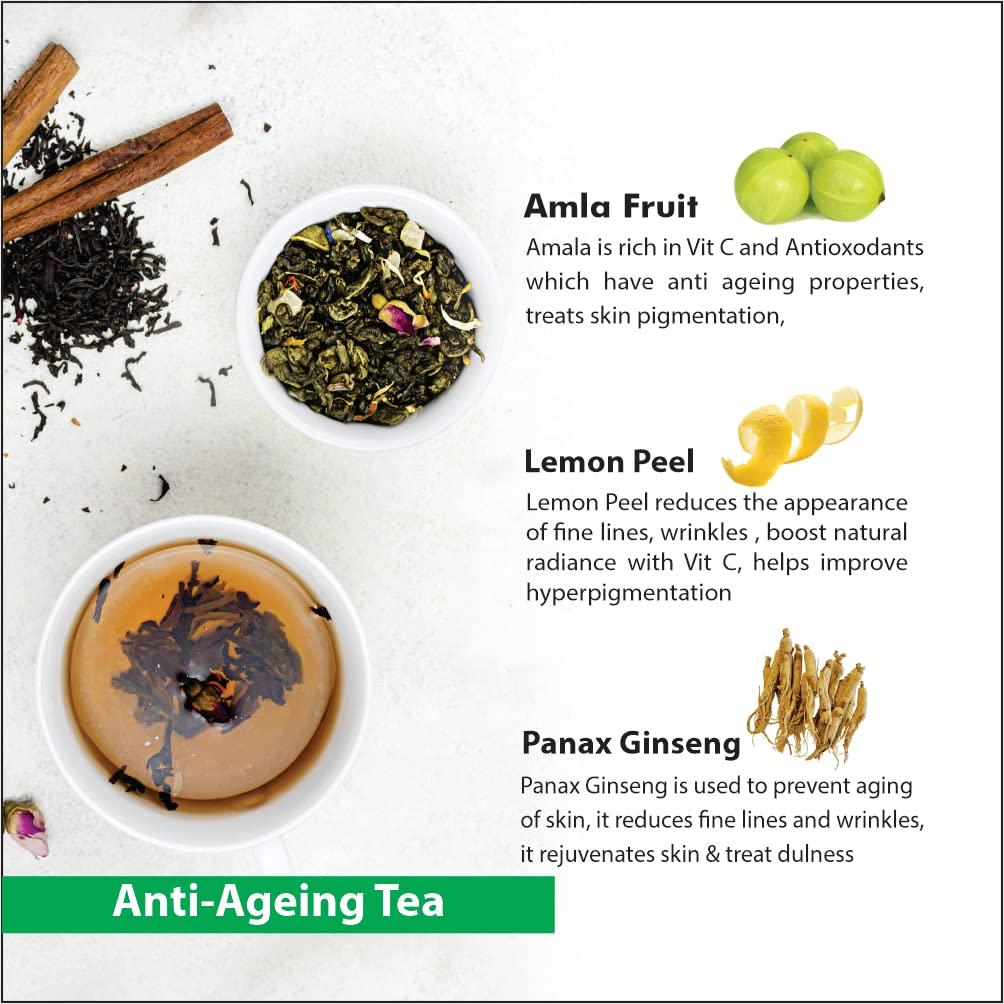 Tea Aroma - Making tea a healthy habit ! Tea Aroma - Anti Ageing Tea - Caffeine Free Tea With 12 Powerful herbs helps in Skin Tightening, Skin Glow, Hair Strengthening - Rich in Antioxidants - 50 g