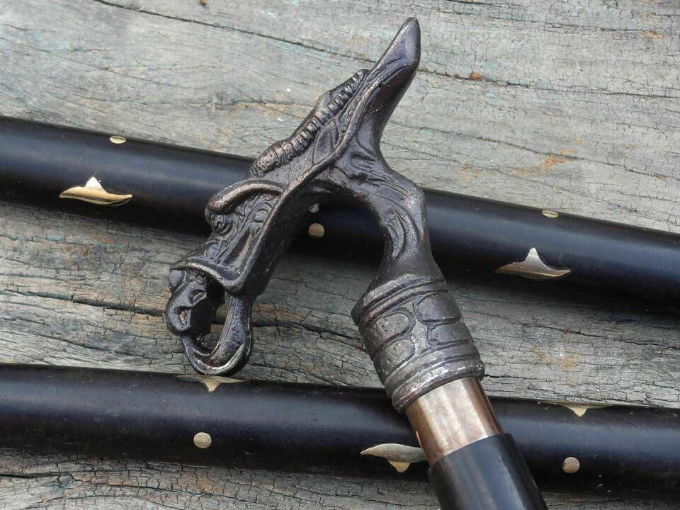 WAVE NAUTICAL WAVE NAUTICAL Brass Dragon Walking Stick Solid Vintage Designer Handle Gift Brass Wooden Cane Antique Style Folding Walking Stick 39" Inches with Brass Handle for Men and Women